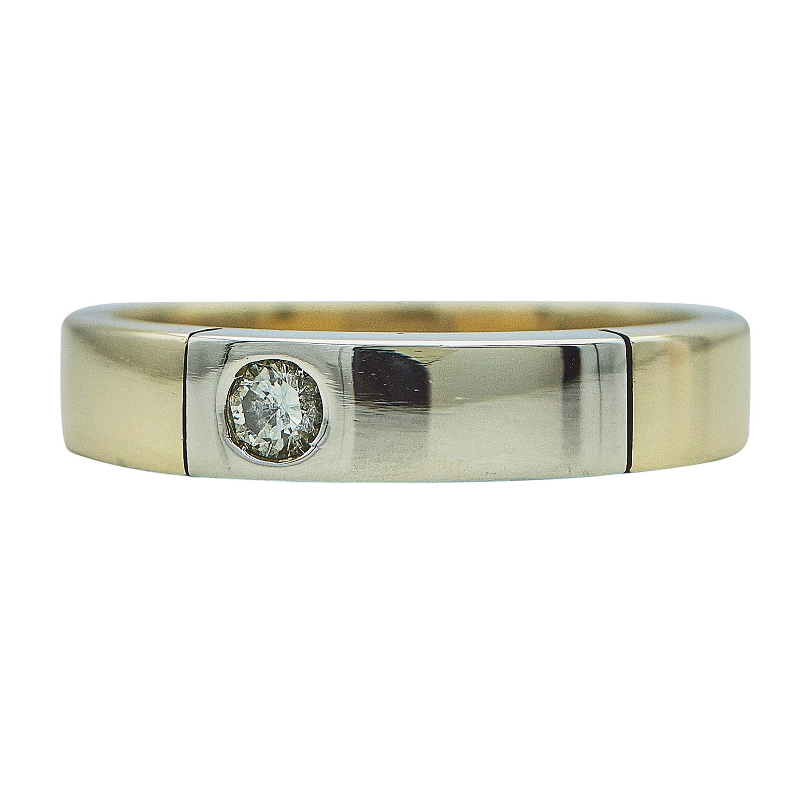 14K Yellow Gold and Flush-Set Diamond Solitaire Band Ring: METAL: 14K Yellow Gold; APPROXIMATE TOTAL DIAMOND WEIGHT: 0.10 ctw; TESTED: 14K Yellow Gold; CONDITION: Pre-owned, Very Good; ITEM WEIGHT (GRAMS): 5.2 g; MEASUREMENTS: Ring size 7 3/4