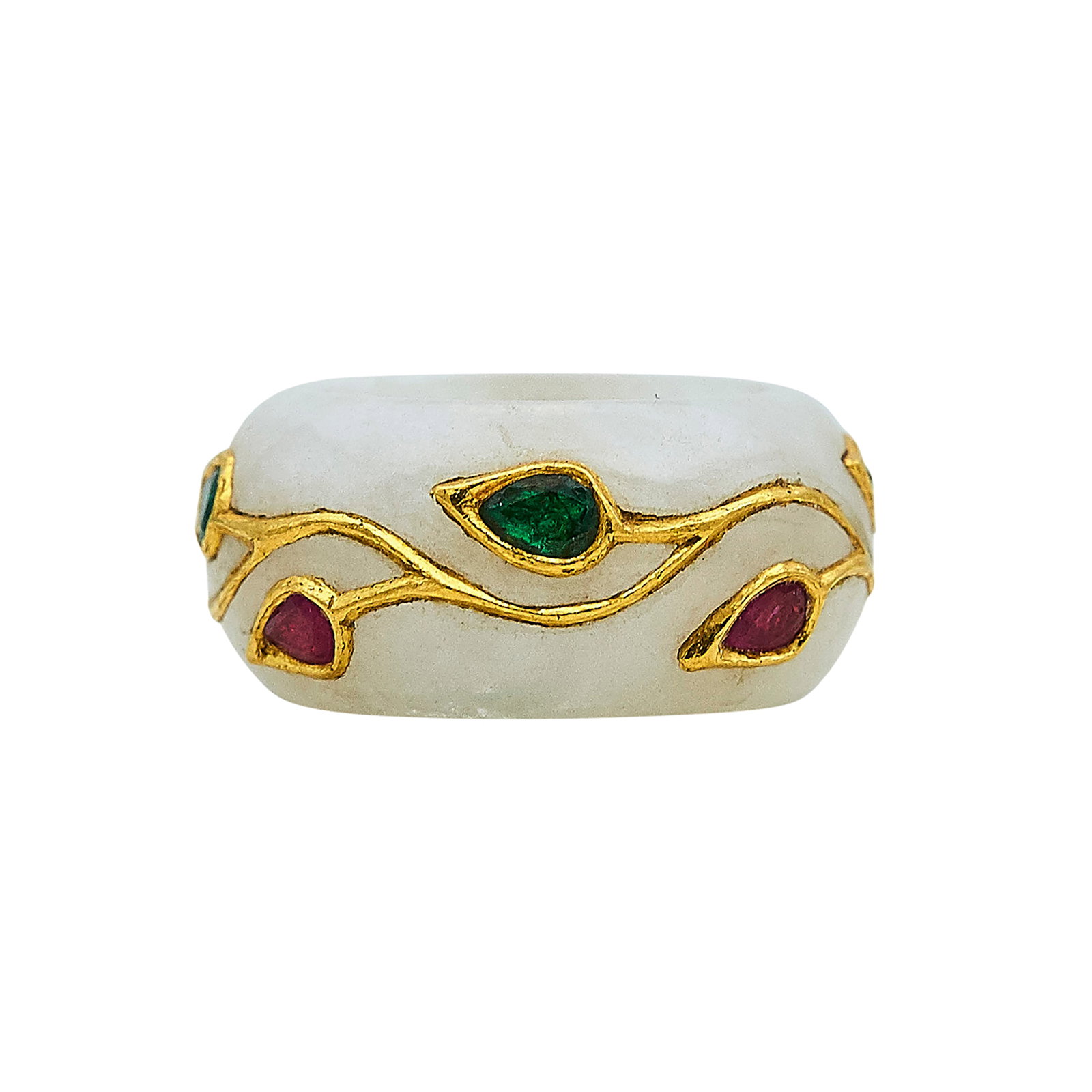 18K Yellow Gold, Jade, Ruby, and Emerald Band Ring: METAL: 18K Yellow Gold; GEMSTONES: Jade, Ruby, and Emerald; STAMPED: 18K, Maker's mark; CONDITION: Pre-owned, Good; ITEM WEIGHT (GRAMS): 7.6 g; MEASUREMENTS: Ring size 5; ADDITIONAL COMMENTS: Gemstone