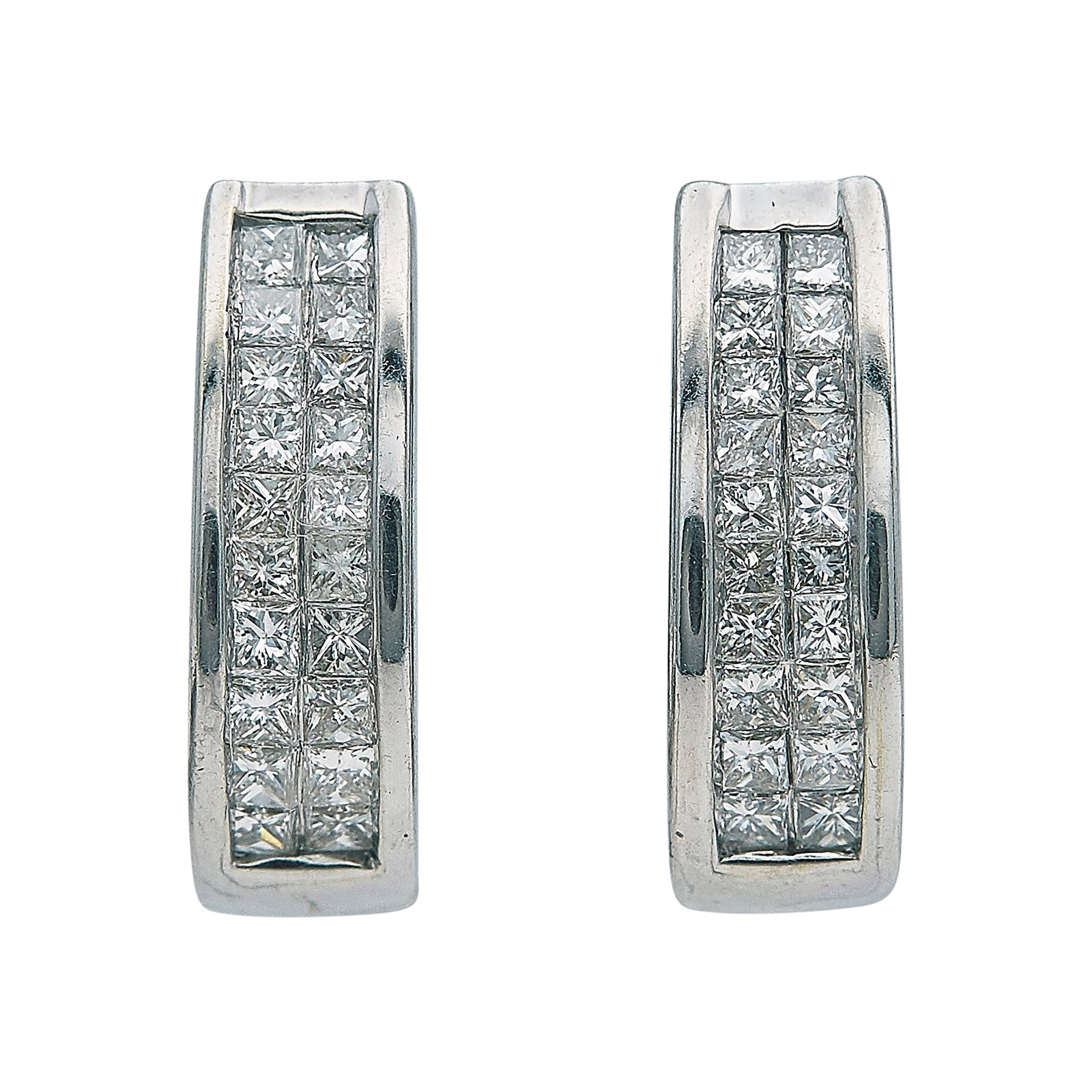 14K White Gold and Diamond Hoop Earrings: METAL: 14K White Gold; APPROXIMATE TOTAL DIAMOND WEIGHT: 0.80 ctw; STAMPED: SD, 14K; CONDITION: Pre-owned, Very Good; ITEM WEIGHT (GRAMS): 6.28 g; MEASUREMENTS: Earrings 11/16 inch long x 1/4 inch wid