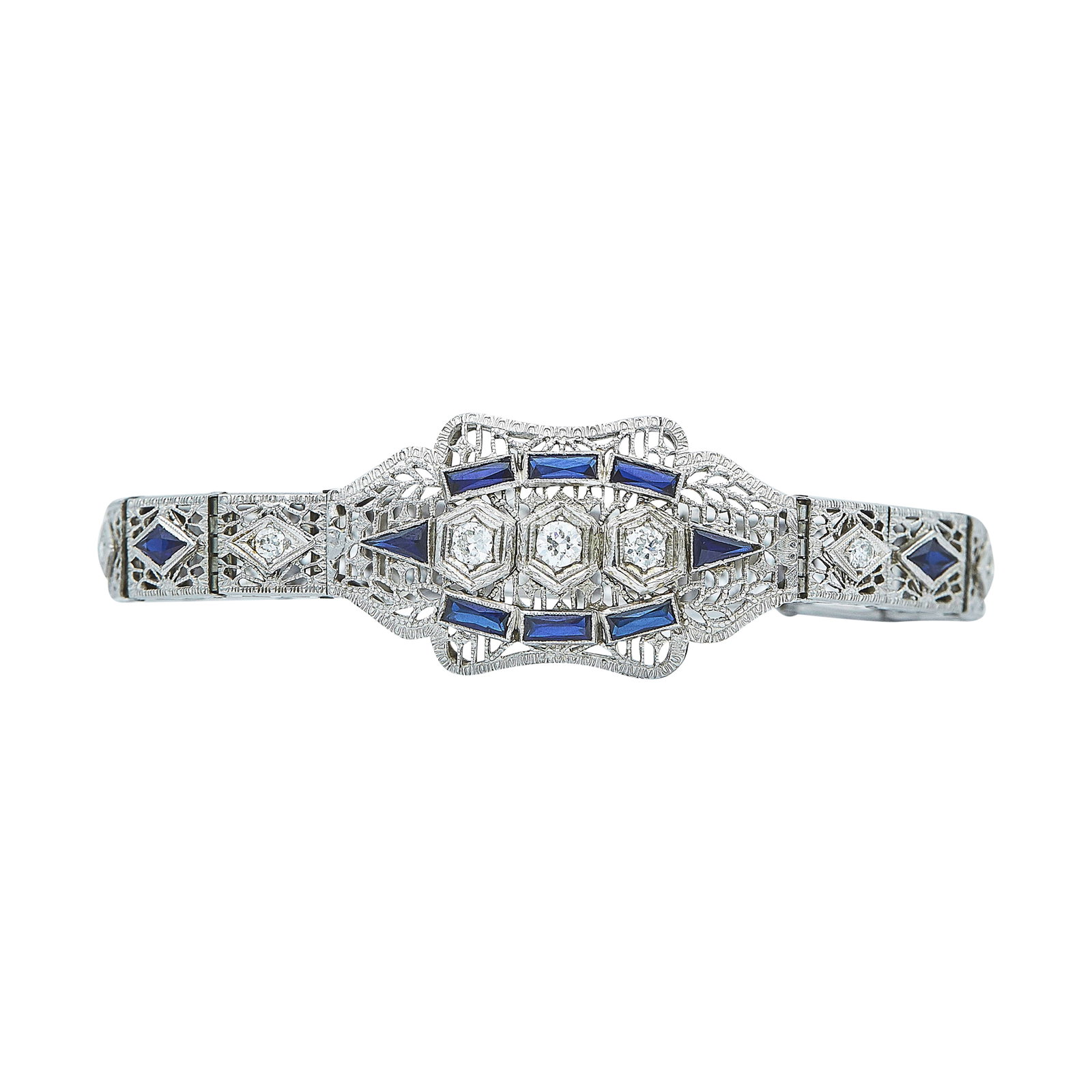 Art Deco 14K White Gold Diamond and Sapphire Bracelet: METAL: 14K White Gold; APPROXIMATE TOTAL DIAMOND WEIGHT: 0.75 ctw; GEMSTONES: Sapphire; STAMPED: 14K, eligible mark; CONDITION: Pre-owned, Very Good; ITEM WEIGHT (GRAMS): 14.3 g; MEASUREMENTS: Bracele