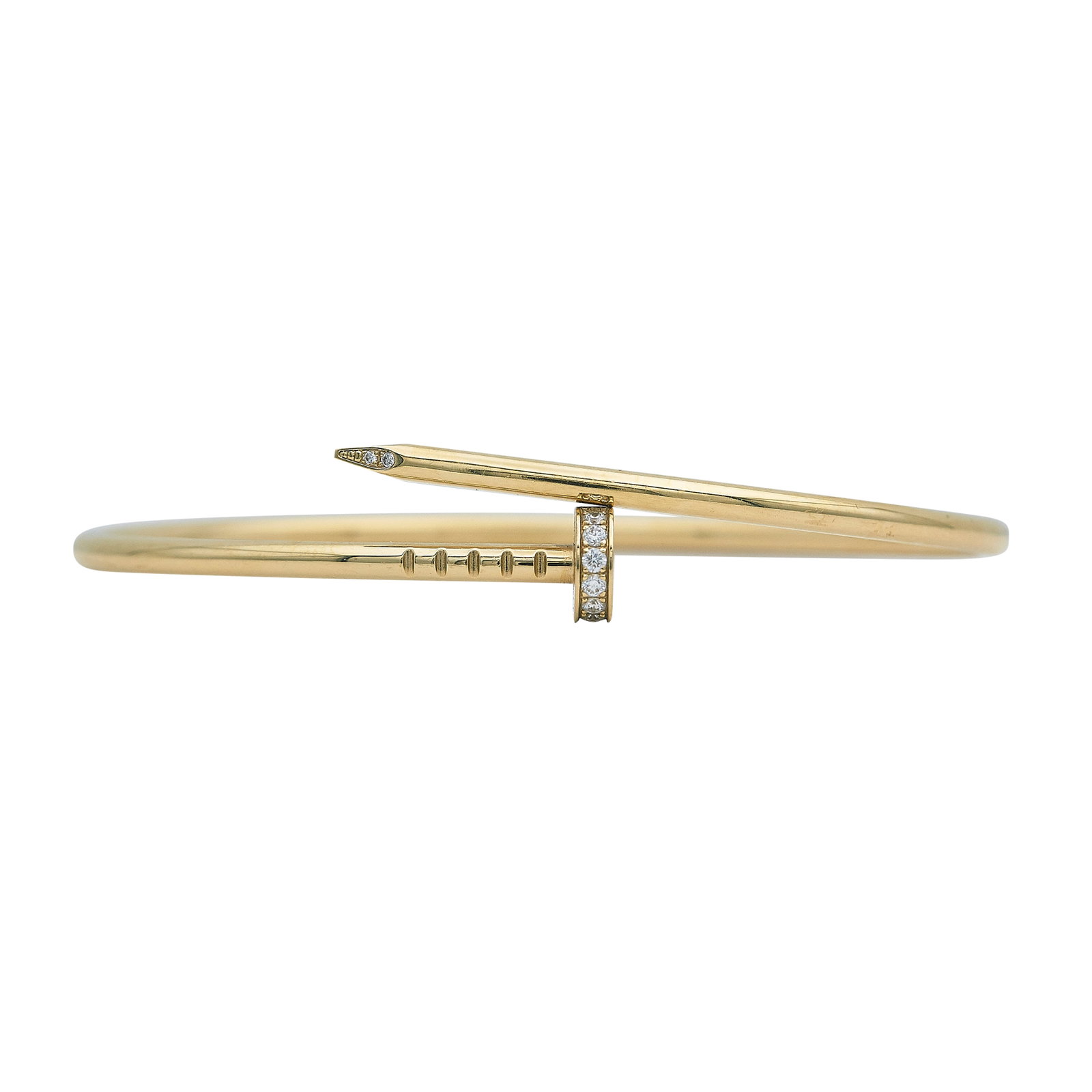 Cartier Juste un Clou Small Model 18K Yellow Gold and Diamond Nail Bracelet: BRAND: Cartier; COLLECTION: Juste un Clou; METAL: 18K Yellow Gold; APPROXIMATE TOTAL DIAMOND WEIGHT: 0.18 ctw; STAMPED: © Cartier, 17, Serial number, Au 750, Maker's mark; CONDITION: Pre-owned, Good;