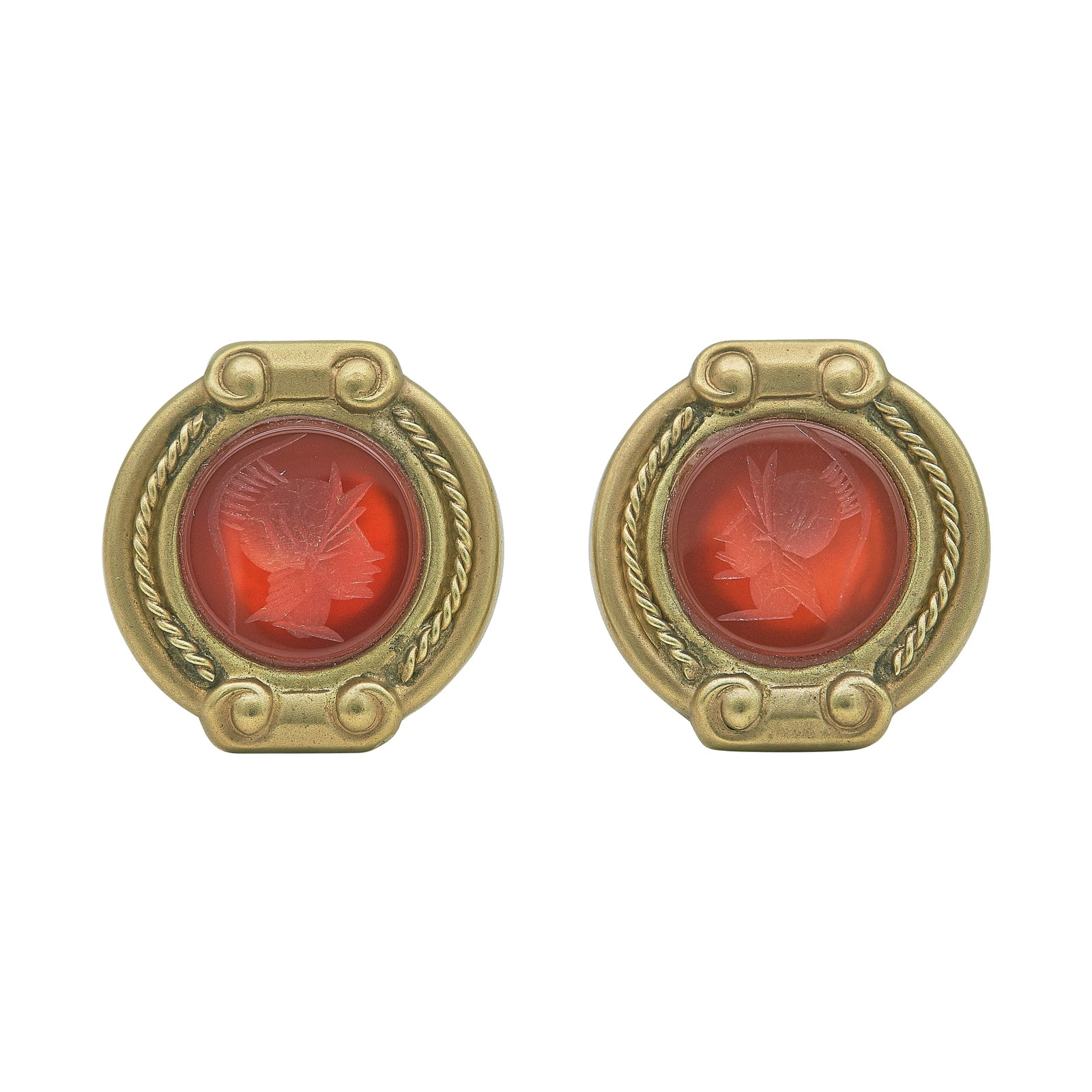14K Yellow Gold and Carnelian Intaglio Earrings: METAL: 14K Yellow Gold; GEMSTONES: Carnelian; STAMPED: 14K; CONDITION: Pre-owned, Good; ITEM WEIGHT (GRAMS): 10.2 g; MEASUREMENTS: Earrings 1 inch long x 7/8 inch wide; ADDITIONAL COMMENTS: With omega