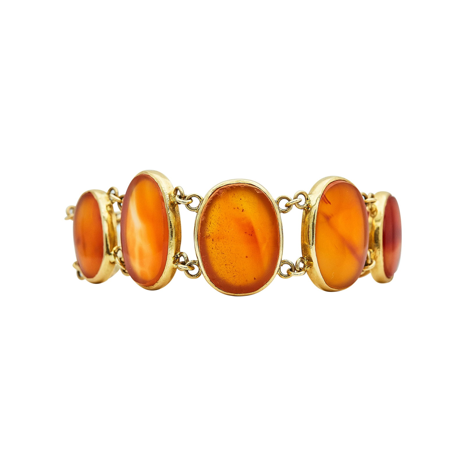 18K Yellow Gold and Carnelian Link Bracelet: METAL: 18K Yellow Gold; GEMSTONES: Carnelian, Chips on edges of some gemstones; STAMPED: 750; CONDITION: Pre-owned, Good; ITEM WEIGHT (GRAMS): 39.9 g; MEASUREMENTS: Bracelet inner circumference approx
