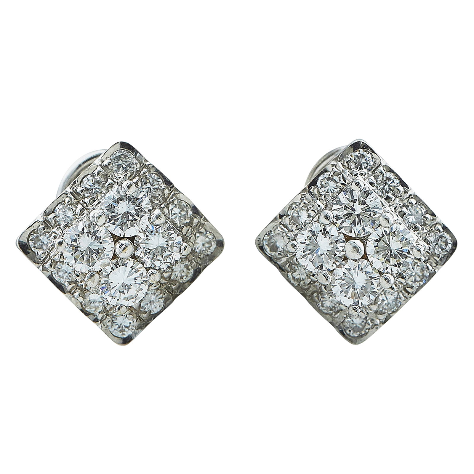 18K White Gold and Diamond Square Earrings: METAL: 18K White Gold; APPROXIMATE TOTAL DIAMOND WEIGHT: 4.30 ctw; STAMPED: R, 18K; CONDITION: Pre-owned, Very Good; ITEM WEIGHT (GRAMS): 12.1 g; MEASUREMENTS: Earrings approx. 5/8 inch long x 5/8 inc