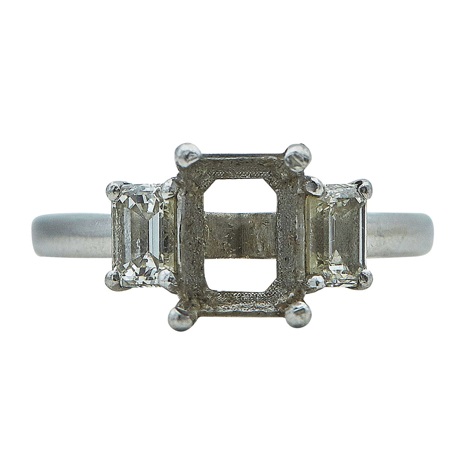 Platinum and Diamond Ring Setting: METAL: Platinum; APPROXIMATE TOTAL DIAMOND WEIGHT: 0.70 ctw; TESTED: Platinum; CONDITION: Pre-owned, Good; ITEM WEIGHT (GRAMS): 6.3 g; MEASUREMENTS: Ring size 6 3/4, Center will fit approx. 7.20 mm x 