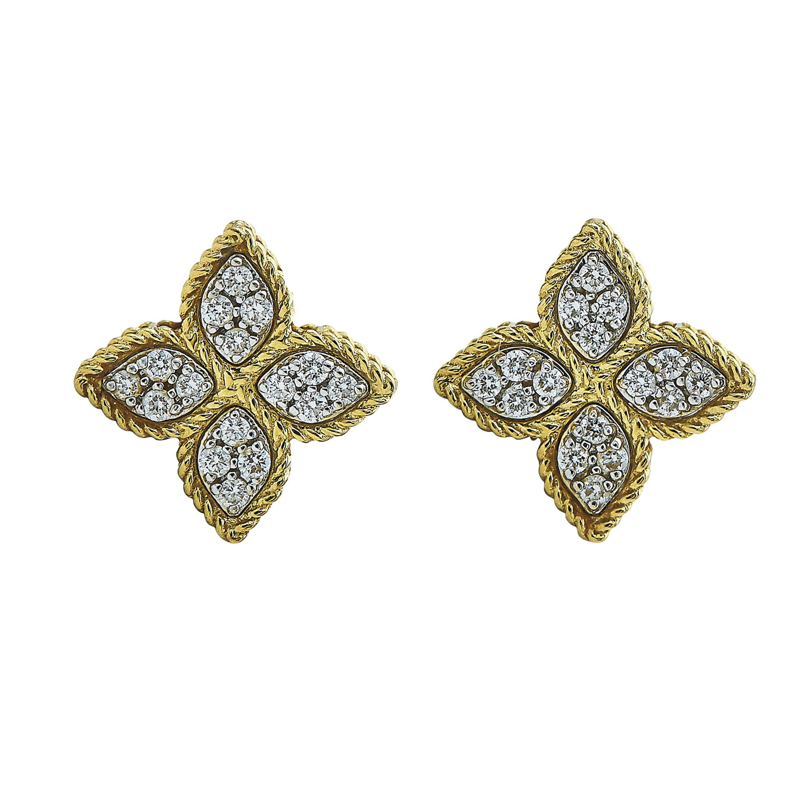Roberto Coin Love in Verona 18K Yellow & White Gold and Diamond Flower Stud Earrings: BRAND: Roberto Coin; METAL: 18K Yellow Gold/White Gold; APPROXIMATE TOTAL DIAMOND WEIGHT: 0.38 ctw; STAMPED: Earrings marked: RC, Italy, Italian workshop mark; Backs marked: 18K, 750; TESTED: 18K Yell