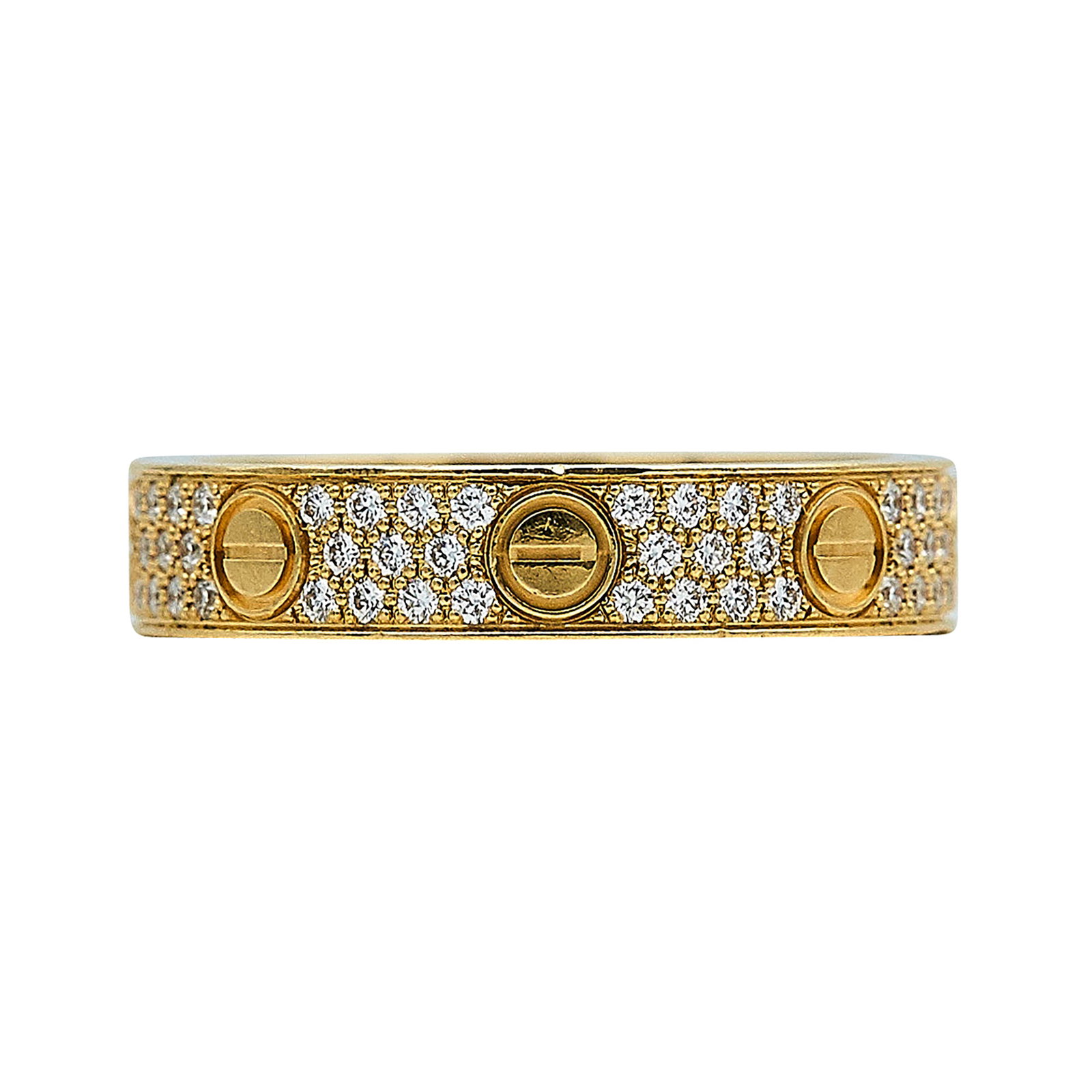 Cartier Love Small Model 18K Yellow Gold and Diamond Pave Band Ring: BRAND: Cartier; COLLECTION: Love; METAL: 18K Yellow Gold; APPROXIMATE TOTAL DIAMOND WEIGHT: 0.31 ctw; STAMPED: © Cartier, 51, Serial number, Au750, Maker's mark; CONDITION: Pre-owned, Good; ITEM WEIG