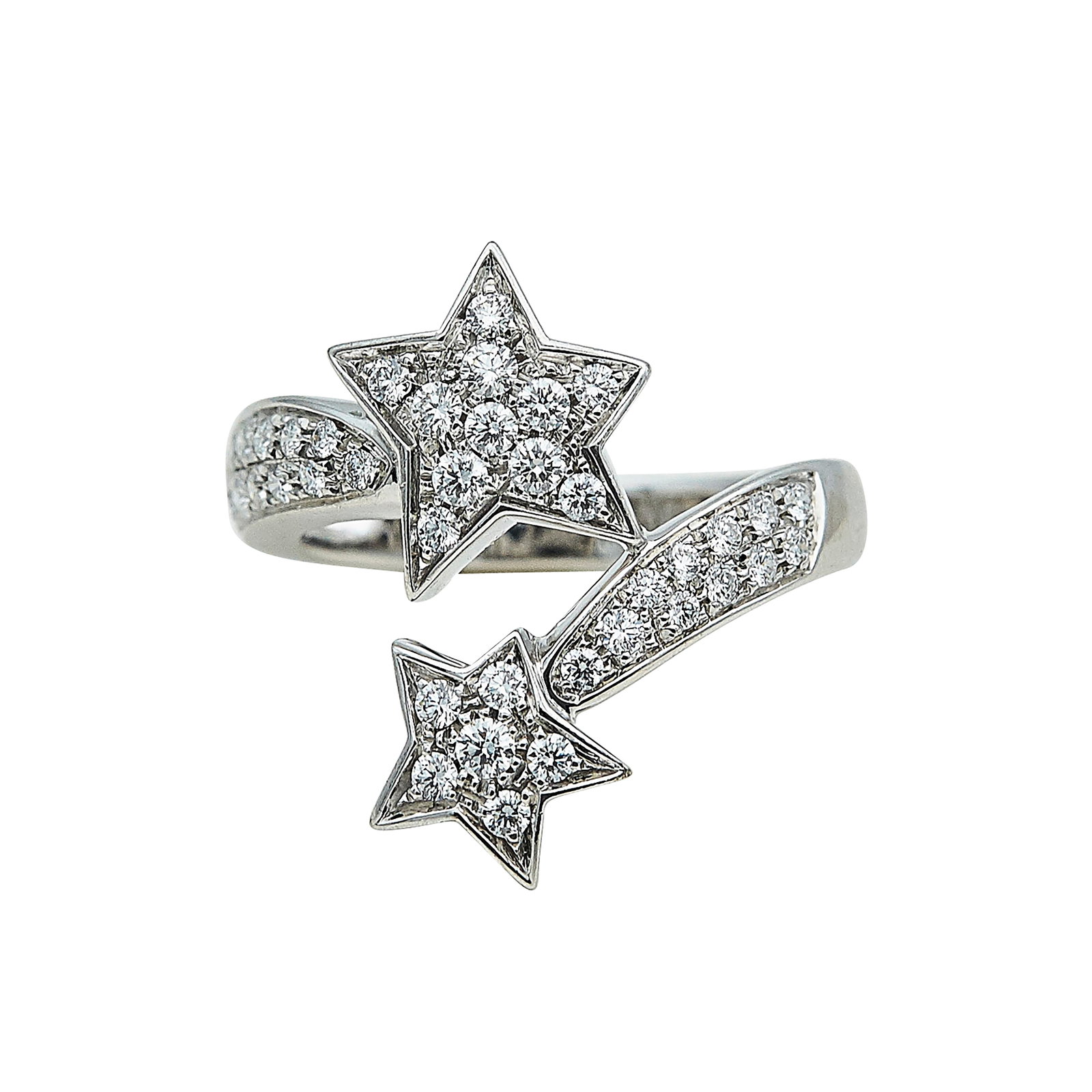 Chanel Comète Géode 18K White Gold and Diamond Star Ring: BRAND: Chanel; METAL: 18K White Gold; APPROXIMATE TOTAL DIAMOND WEIGHT: 0.61 ctw; STAMPED: © Chanel, Au750, Serial number, 54, Italian workshop mark; CONDITION: Pre-owned, Very Good; ITEM WEIGHT (GRA