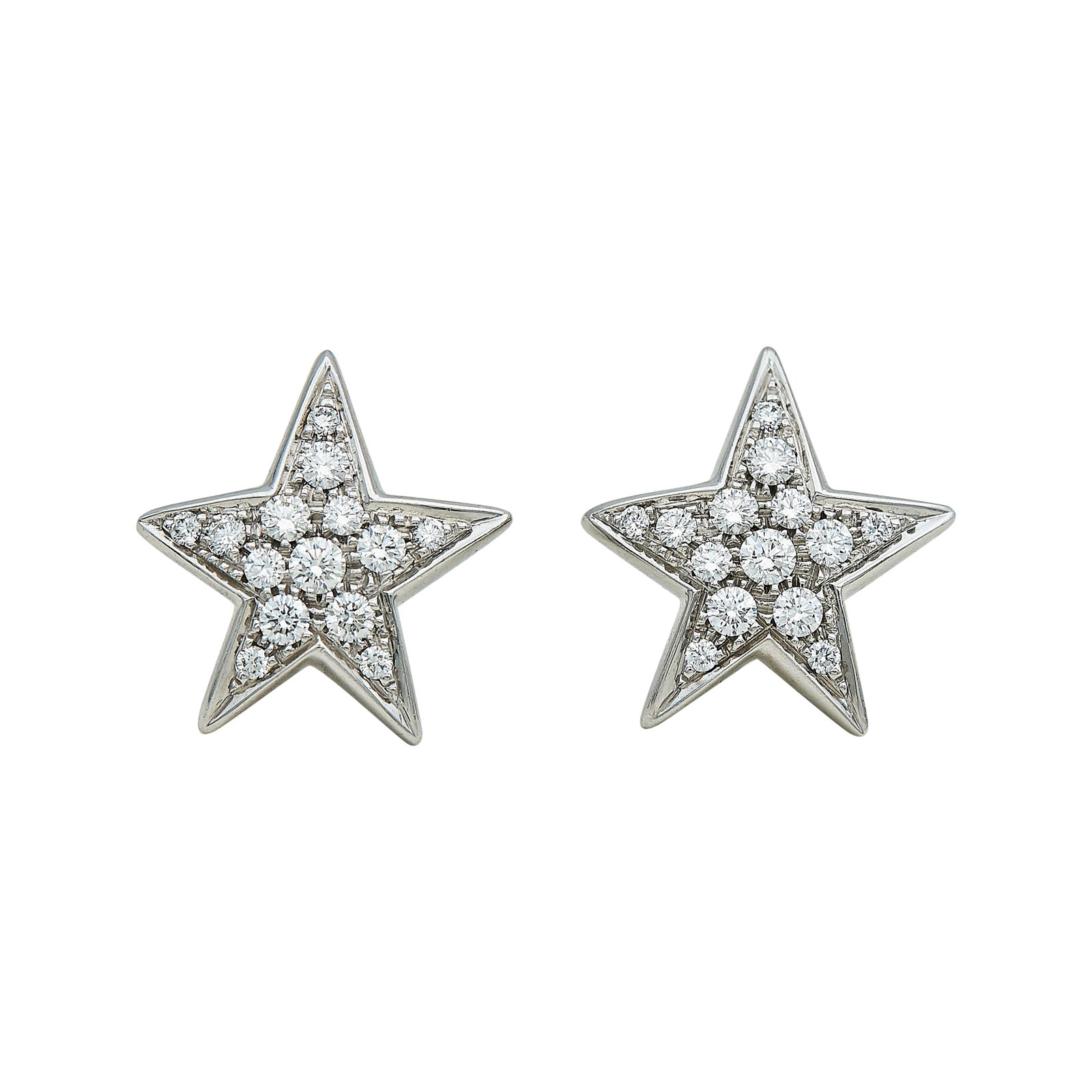 18K White Gold and Diamond Pave Star Earrings: METAL: 18K White Gold; APPROXIMATE TOTAL DIAMOND WEIGHT: 0.57 ctw; STAMPED: 750; CONDITION: Pre-owned, Very Good; ITEM WEIGHT (GRAMS): 6.1 g; MEASUREMENTS: Earrings approx. 5/8 inch long x 5/8 inch wi