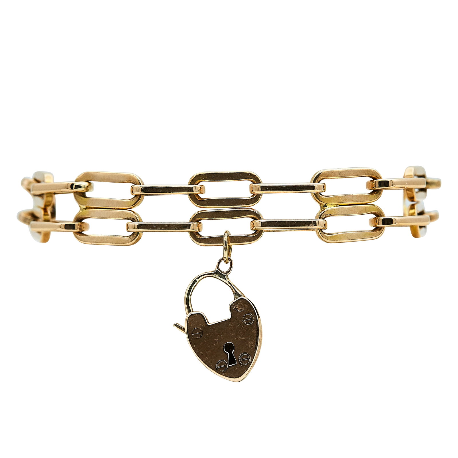 14K Yellow Gold Link Bracelet With 9K Rose Gold Padlock Heart Charm: METAL: 14K Yellow Gold, 9K Rose Gold; STAMPED: Charm marked: R.P., 9ct; TESTED: 14K Yellow Gold, 9K Rose Gold; CONDITION: Pre-owned, Very Good; ITEM WEIGHT (GRAMS): 28.9 g; MEASUREMENTS: Bracelet 7 in