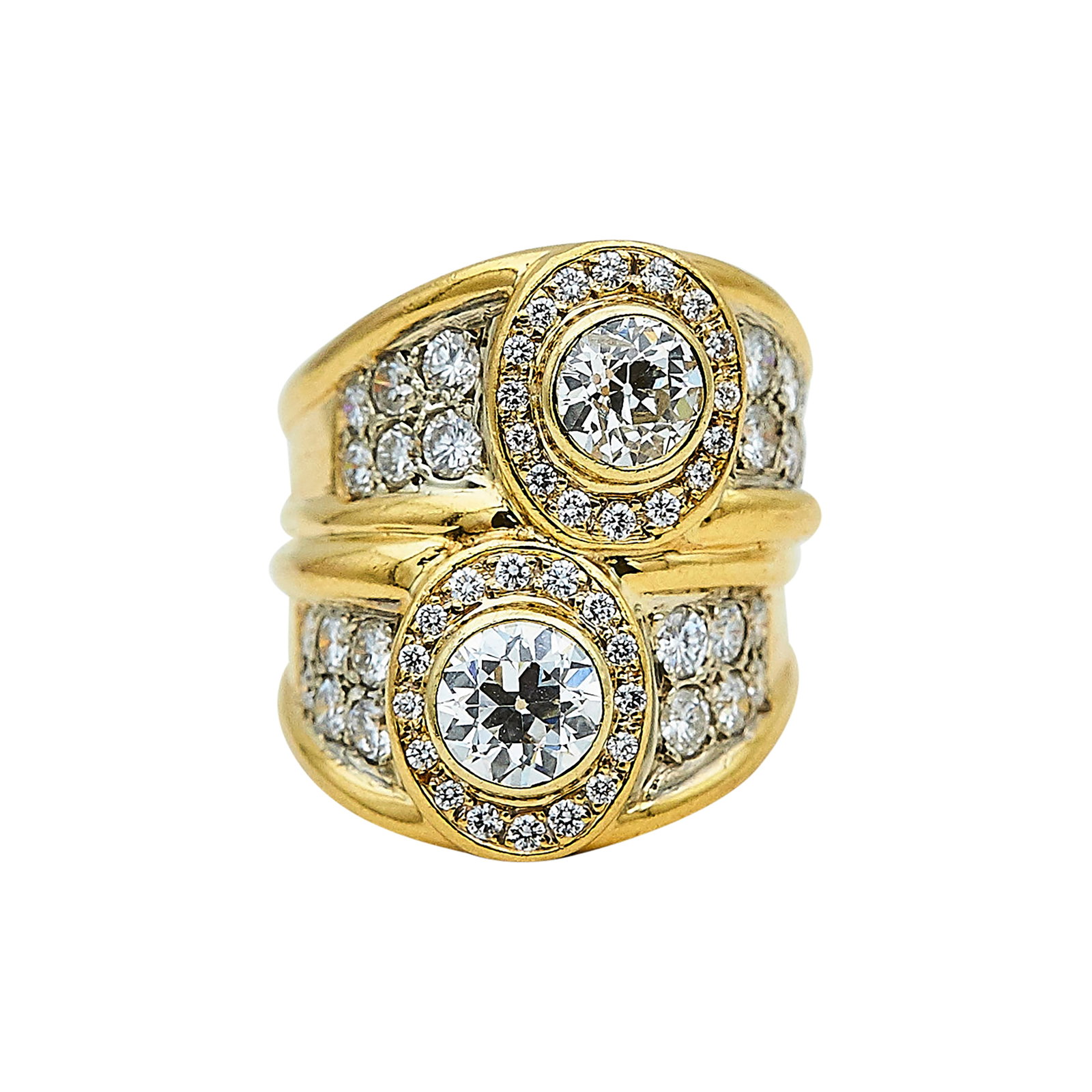 18K Yellow Gold and Diamond Cocktail Ring: METAL: 18K Yellow Gold; APPROXIMATE TOTAL DIAMOND WEIGHT: 2.92 ctw; TESTED: 18K Yellow Gold; CONDITION: Pre-owned, Good; ITEM WEIGHT (GRAMS): 20.8 g; MEASUREMENTS: Ring size 4