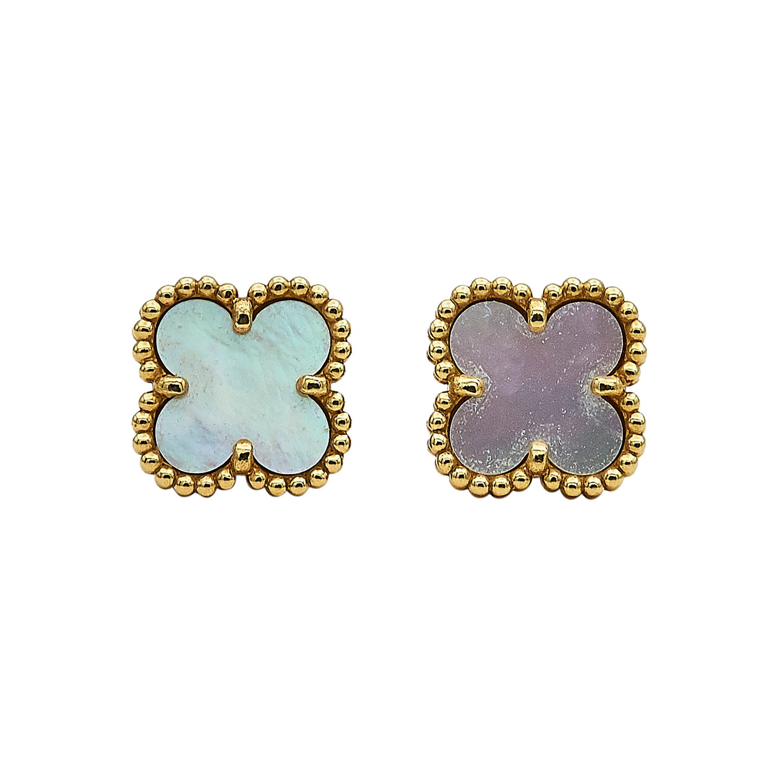 Van Cleef & Arpels Alhambra Sweet 18K Yellow Gold and Mother of Pearl Stud Earrings: BRAND: VCA; COLLECTION: Alhambra (Sweet); METAL: 18K Yellow Gold; GEMSTONES: Mother of Pearl; STAMPED: VCA, Au750, JO, Serial number, French marks; CONDITION: Pre-owned, Very Good; ITEM WEIGHT (GRAMS)