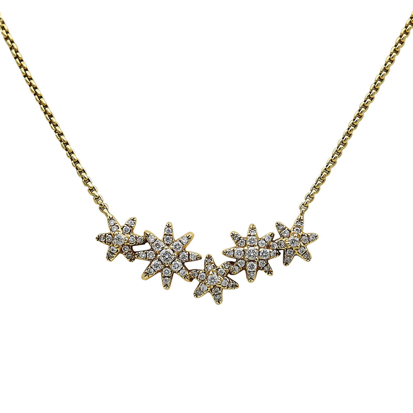 David Yurman Starburst 18K Yellow Gold and Diamond Necklace: BRAND: David Yurman; METAL: 18K Yellow Gold; APPROXIMATE TOTAL DIAMOND WEIGHT: 0.23 ctw; STAMPED: © D.Y., 750; CONDITION: Pre-owned, Very Good; ITEM WEIGHT (GRAMS): 4.9 g; MEASUREMENTS: Necklace 17 i