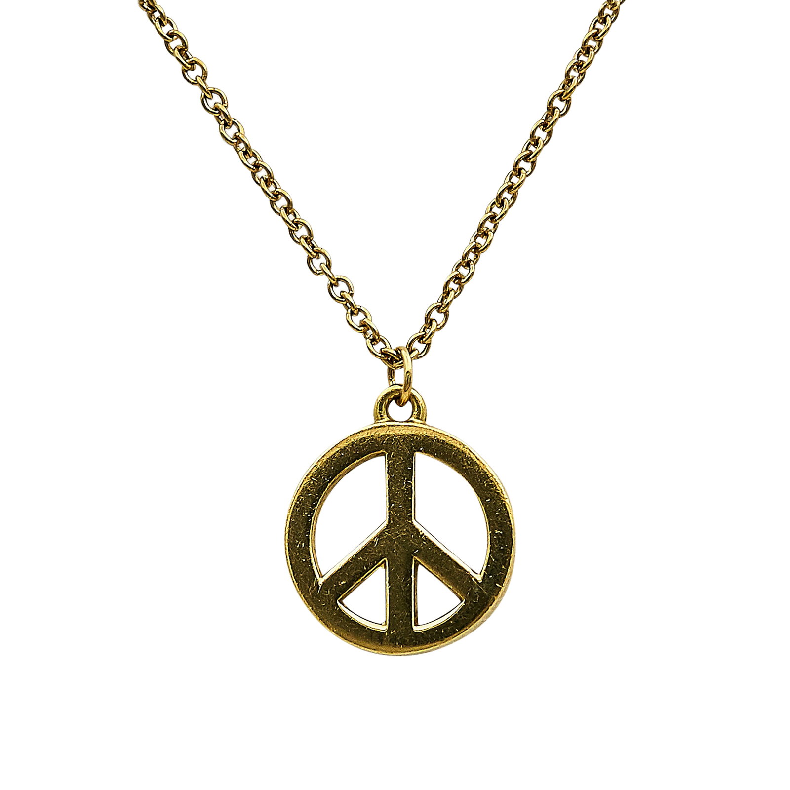 Tiffany & Co. 18K Yellow Gold Peace Sign Pendant Necklace: BRAND: Tiffany & Co.; METAL: 18K Yellow Gold; STAMPED: © Tiffany & Co., 750; CONDITION: Pre-owned, Good; ITEM WEIGHT (GRAMS): 2.9 g; MEASUREMENTS: Necklace 16 inches long not including pendant, Penda
