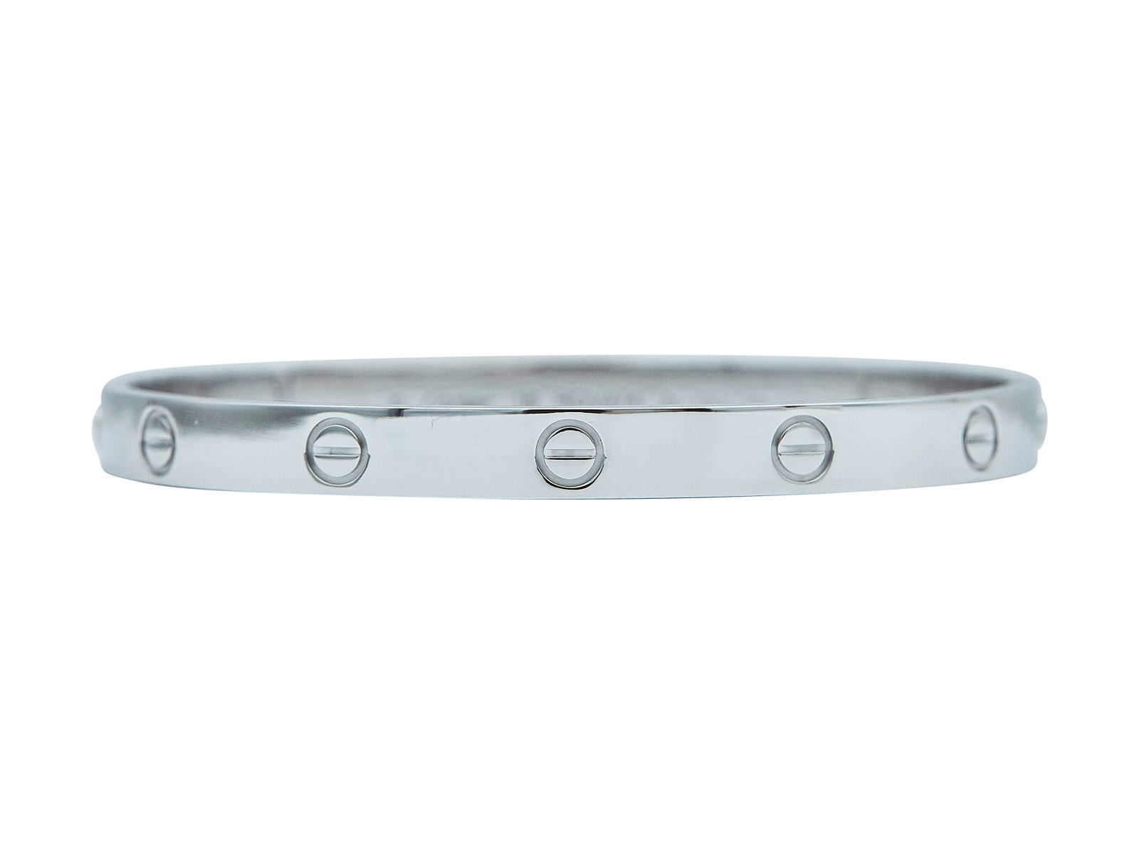 Cartier Love Classic Model 18K White Gold Bracelet: BRAND: Cartier; COLLECTION: Love; METAL: 18K White Gold; STAMPED: © Cartier, 18, serial number, Au 750, maker's mark, swiss marks; CONDITION: Pre-owned, Excellent; ITEM WEIGHT (GRAMS): 34.3 g; MEASUR