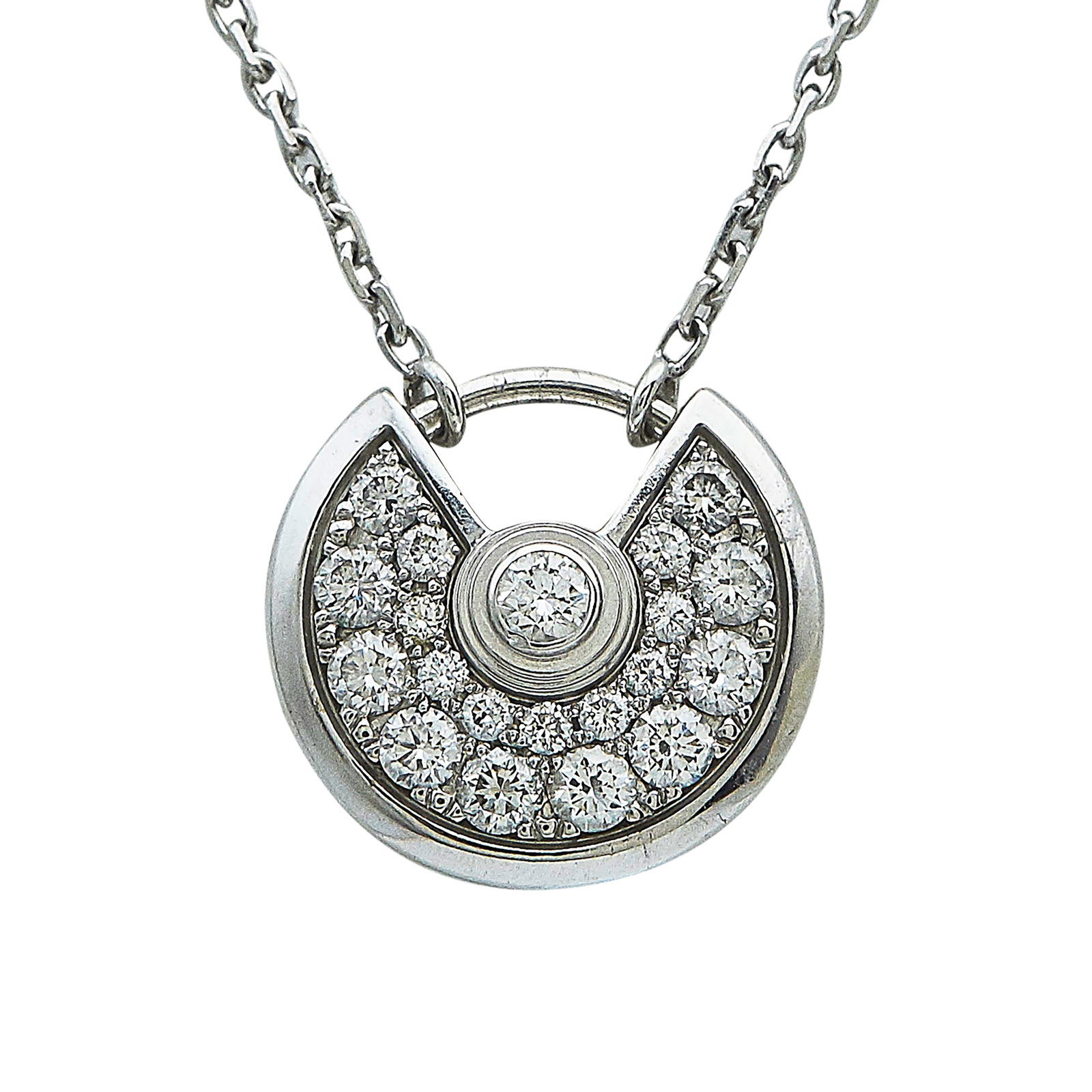 Cartier Amulette 18K White Gold and Diamond Pendant Necklace: BRAND: Cartier; COLLECTION: Amulette; METAL: 18K White Gold; APPROXIMATE TOTAL DIAMOND WEIGHT: 0.22 ctw; STAMPED: © Cartier, AU750, serial number, maker's mark; CONDITION: Pre-owned, Excellent; ITEM 