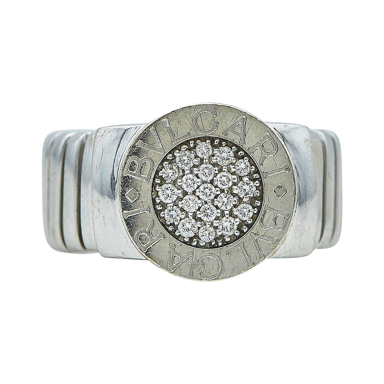 Bulgari Bulgari-Bulgari 18K White Gold and Diamond Ring: BRAND: Bulgari; COLLECTION: Bulgari-Bulgari; METAL: 18K White Gold; APPROXIMATE TOTAL DIAMOND WEIGHT: 0.19 ctw; STAMPED: Bvlgari, Italian workshop mark, 750, Made In Italy; CONDITION: Pre-owned, Good;