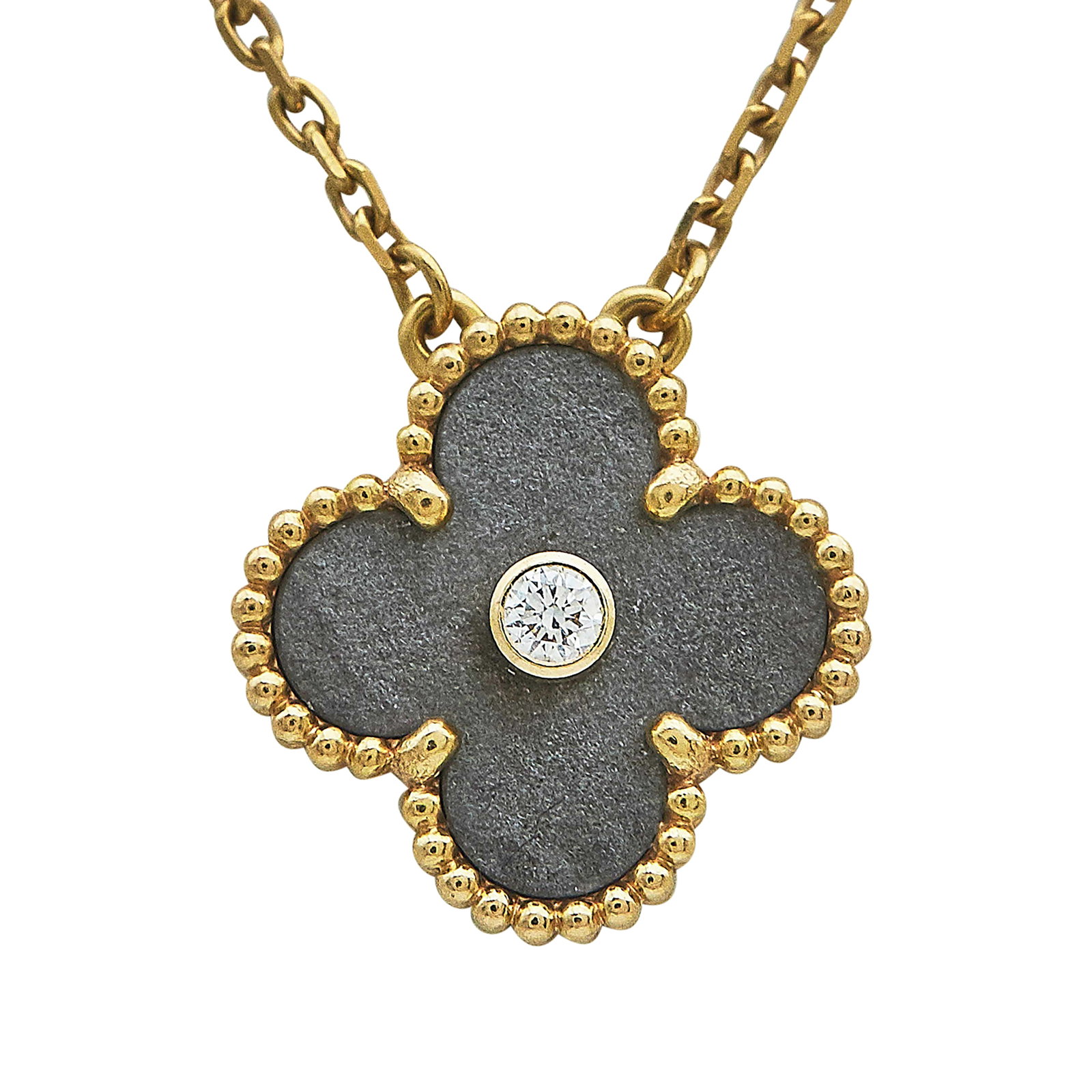 Van Cleef & Arpels Vintage Alhambra 18K Rose Gold, Obsidian, and Diamond Pendant Necklace: BRAND: VCA; COLLECTION: Alhambra (Vintage); METAL: 18K Rose Gold; APPROXIMATE TOTAL DIAMOND WEIGHT: 0.04 ctw; GEMSTONES: Obsidian; STAMPED: VCA, French marks, serial number, Au750; CONDITION: Pre-owne
