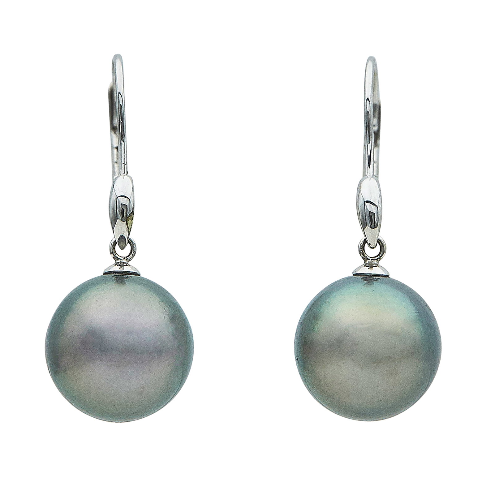 14K White Gold and Tahitian Pearl Drop Earrings: METAL: 14K White Gold; GEMSTONES: Pearls approx. 11.0 mm in diameter; STAMPED: WCK14; CONDITION: Pre-owned, Good; ITEM WEIGHT (GRAMS): 5.6 g; MEASUREMENTS: Earrings 1 1/8 inch long; ADDITIONAL COMMENT