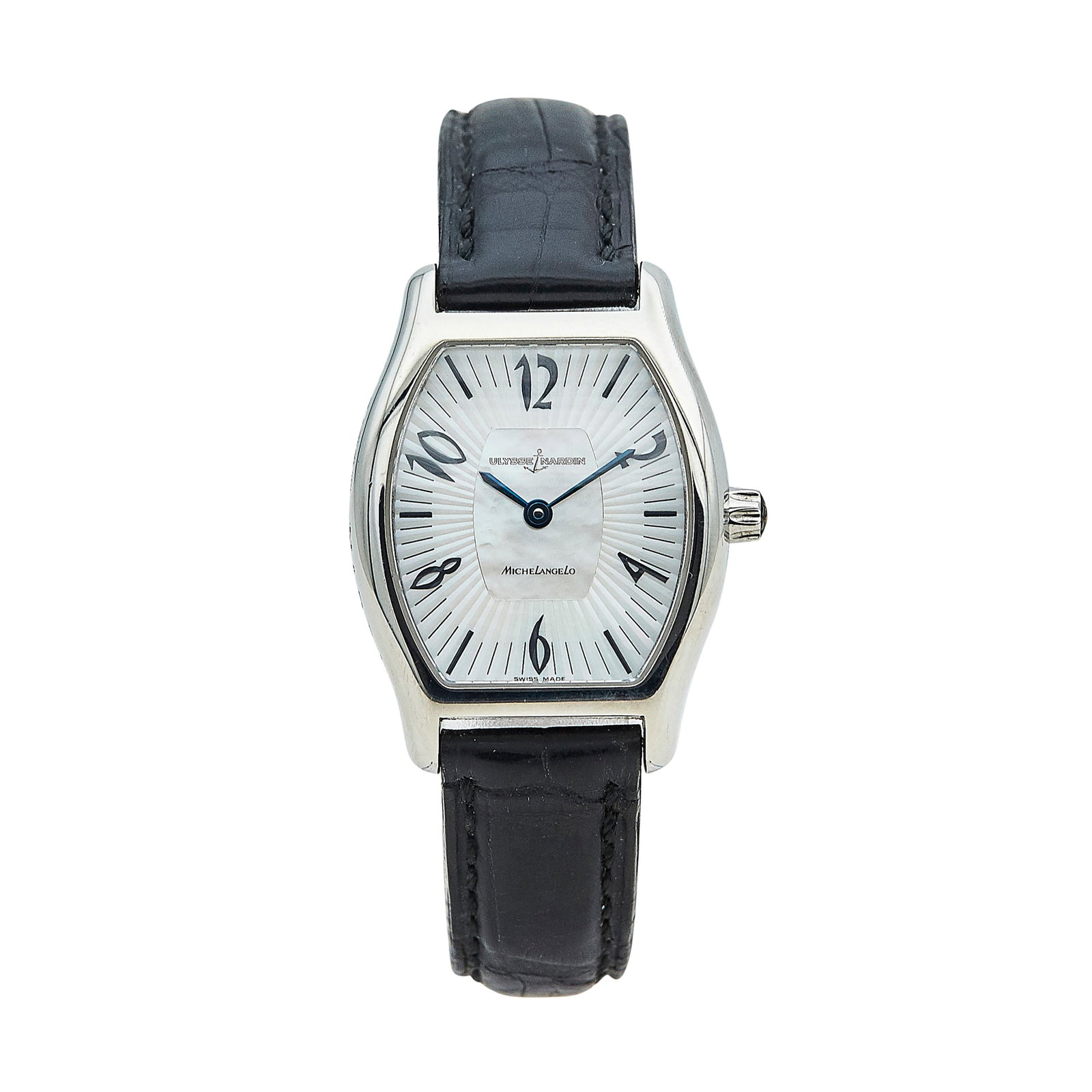 Ulysse Nardin Michelangelo Stainless Steel Watch Ref. 103-42, 2003: BRAND: Ulysse Nardin; REF. #: 103-42; CONDITION: Pre-owned, Very Good; YEAR: 2003; ADDITIONAL COMMENTS: Scratches throughout watch, Wear to leather strap, Crown gemstone slightly abraded, Accompanied 