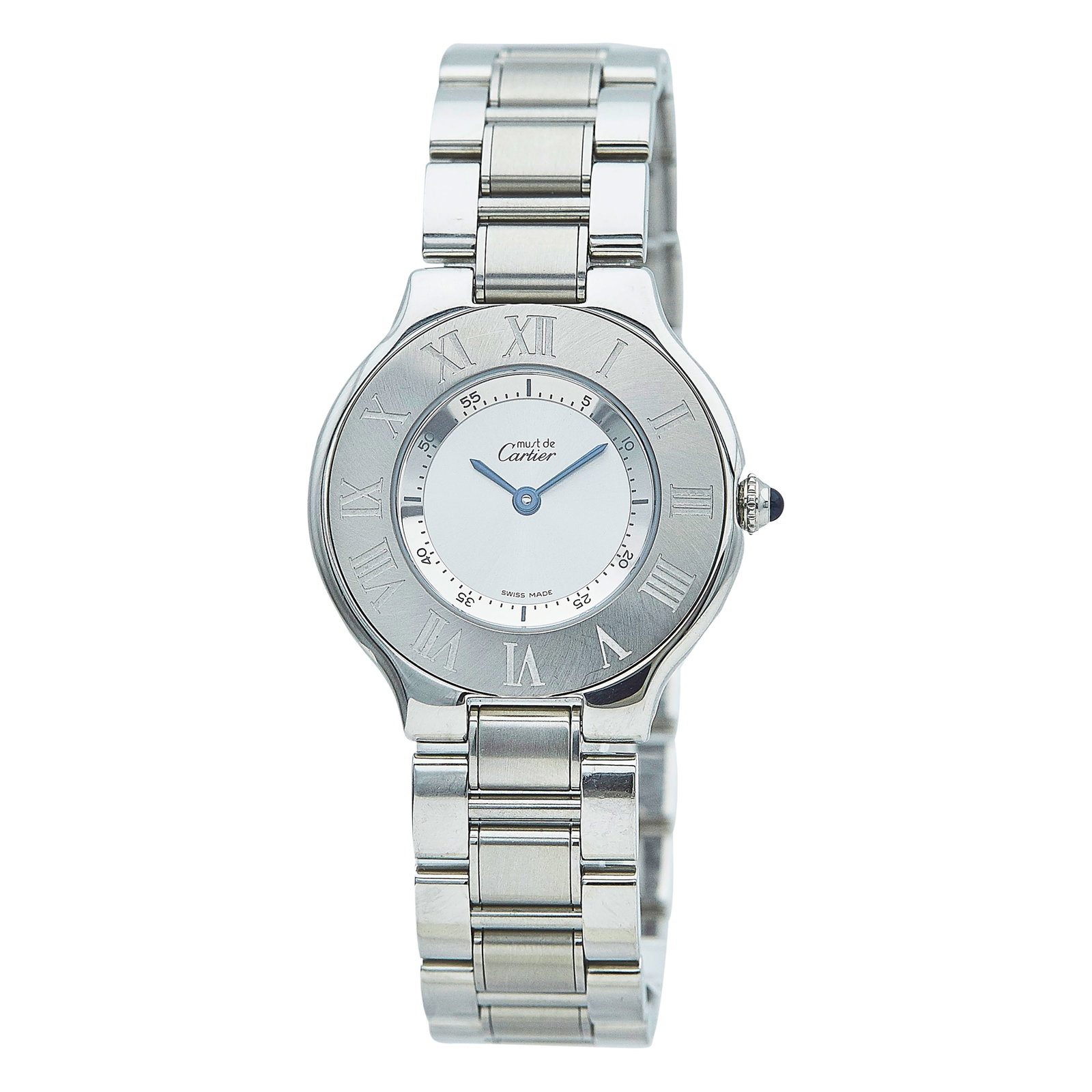 Cartier 21 Must de Cartier Stainless Steel Watch Ref. 1330, circa 1995: BRAND: Cartier; STYLE: Must de Cartier; REF. #: 1330; CONDITION: Pre-owned, Very Good; YEAR: Circa 1995; ADDITIONAL COMMENTS: Scratches throughout watch, Minor impacts on case; CASE SIZE (mm): 31; CAS