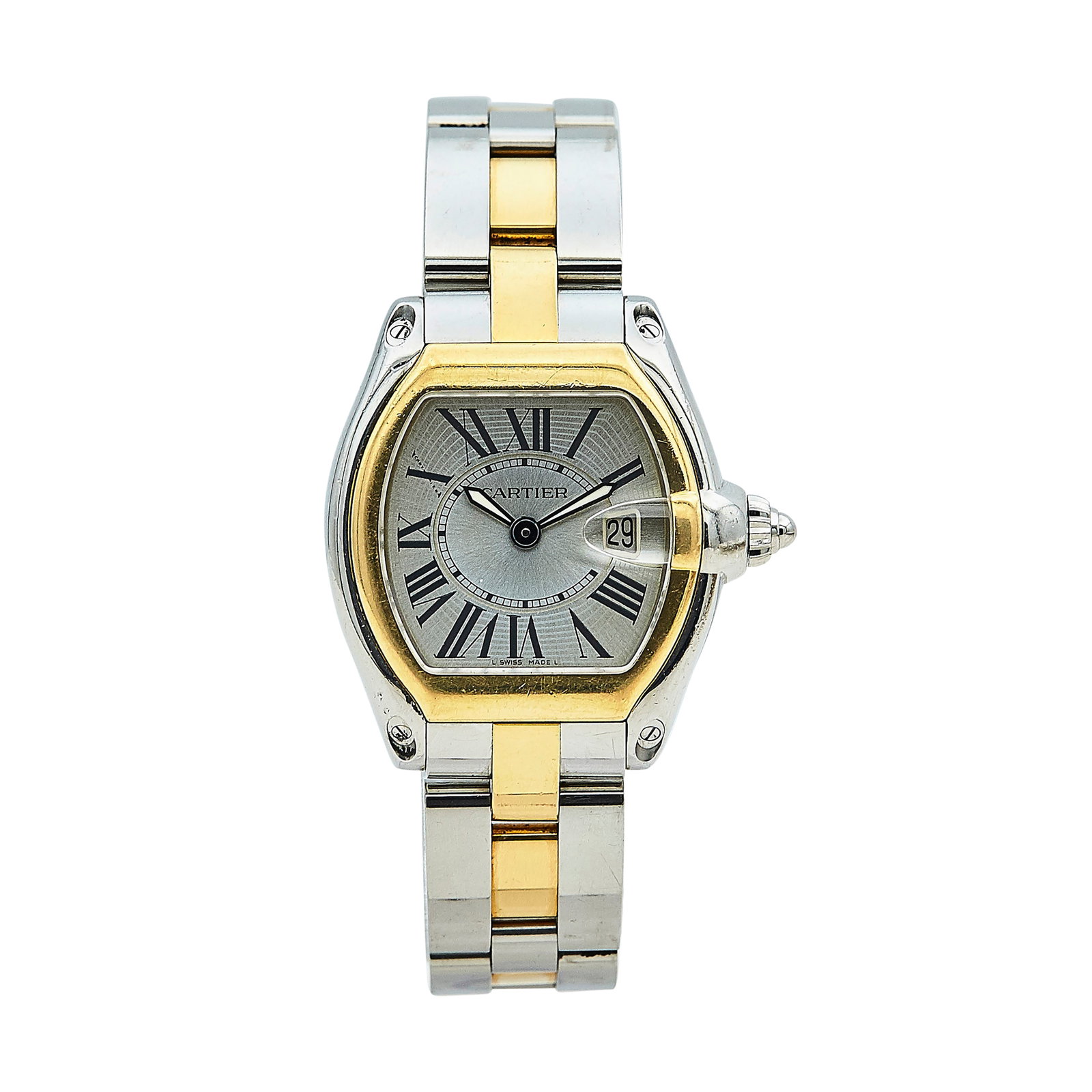 Cartier Roadster 18K Yellow Gold and Stainless Steel Watch Ref. 2675, circa 2005: BRAND: Cartier; STYLE: Roadster; REF. #: 2675; CONDITION: Pre-owned, Fair; YEAR: Circa 2005; ADDITIONAL COMMENTS: Scratches throughout watch, Wear to anti-reflective coating on lower right quadrant of