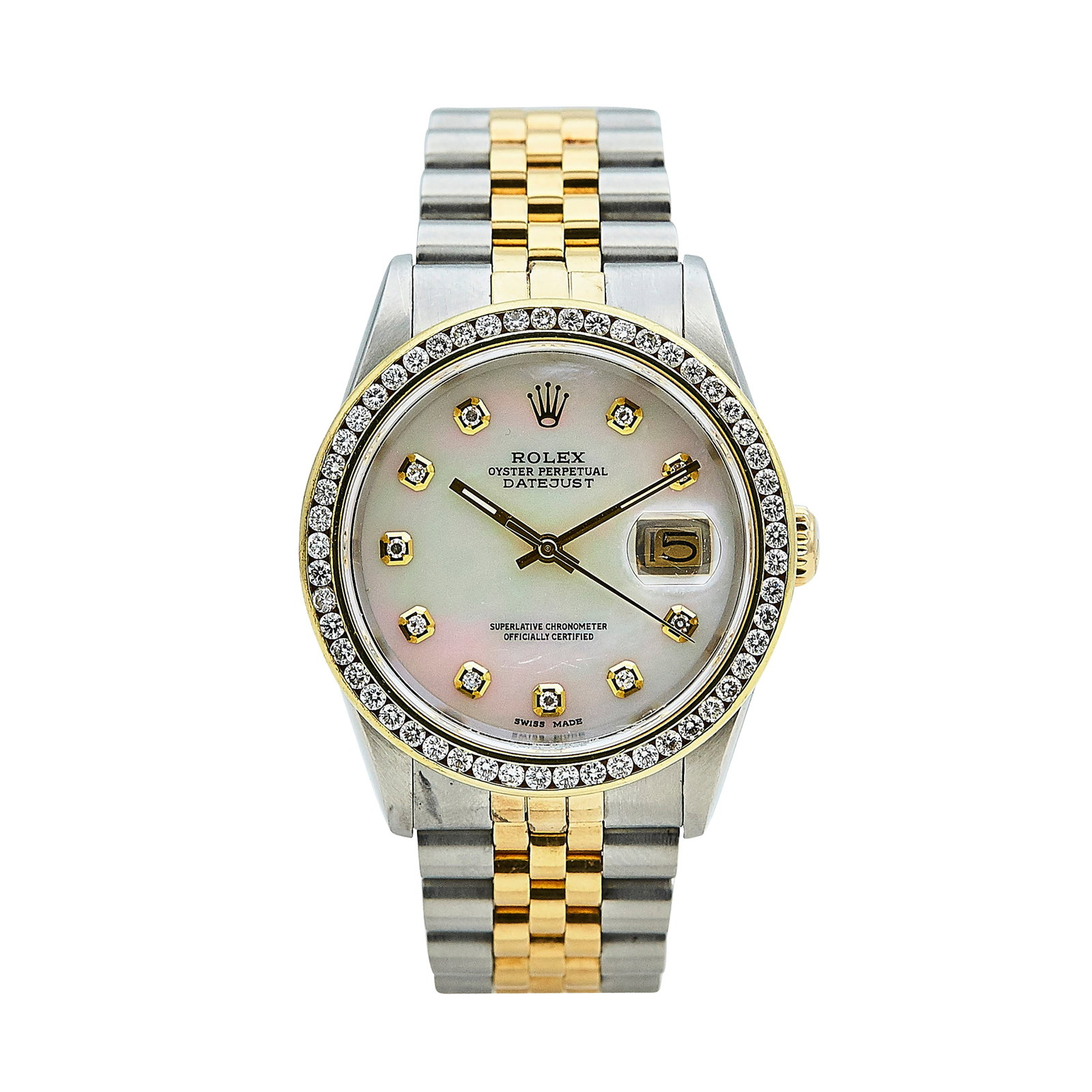 Rolex Datejust 36 18K Yellow Gold and Stainless Steel Watch Ref. 16233, circa 1999: BRAND: Rolex; STYLE: DateJust 36; REF. #: 16233; CONDITION: Pre-owned, Very Good; YEAR: Circa 1999; ADDITIONAL COMMENTS: A serial, Scratches throughout watch, Chips around edges of crystal, Scratches 