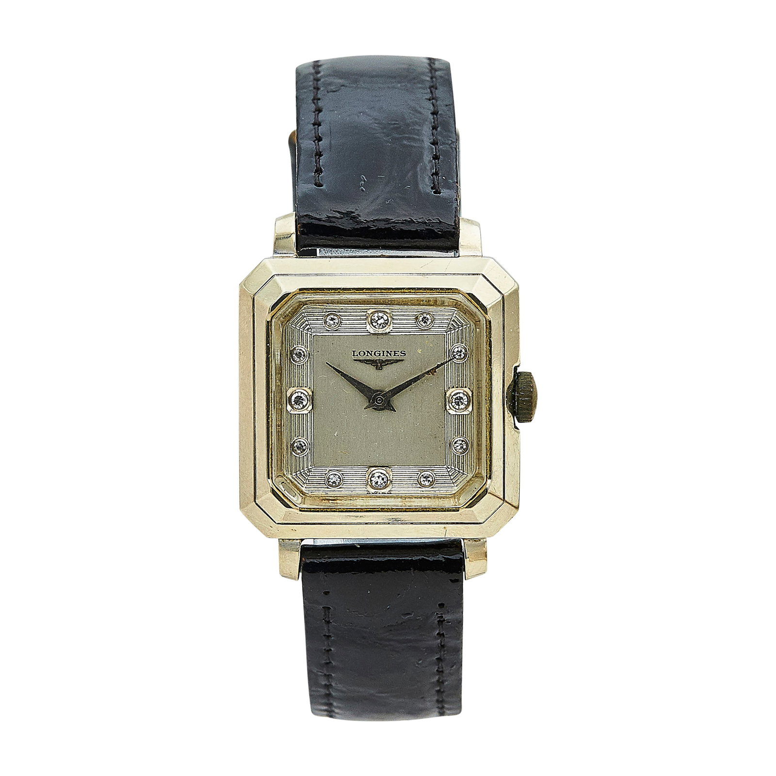 Longines President Garfield 14K White Gold Watch, Ref. Unknown, circa 1950: BRAND: Longines; CONDITION: Pre-owned, Good; YEAR: Circa 1950; ADDITIONAL COMMENTS: Scratches throughout watch, Fleabite chips on edges of acrylic crystal, Scratches on face of acrylic crystal, Wear t