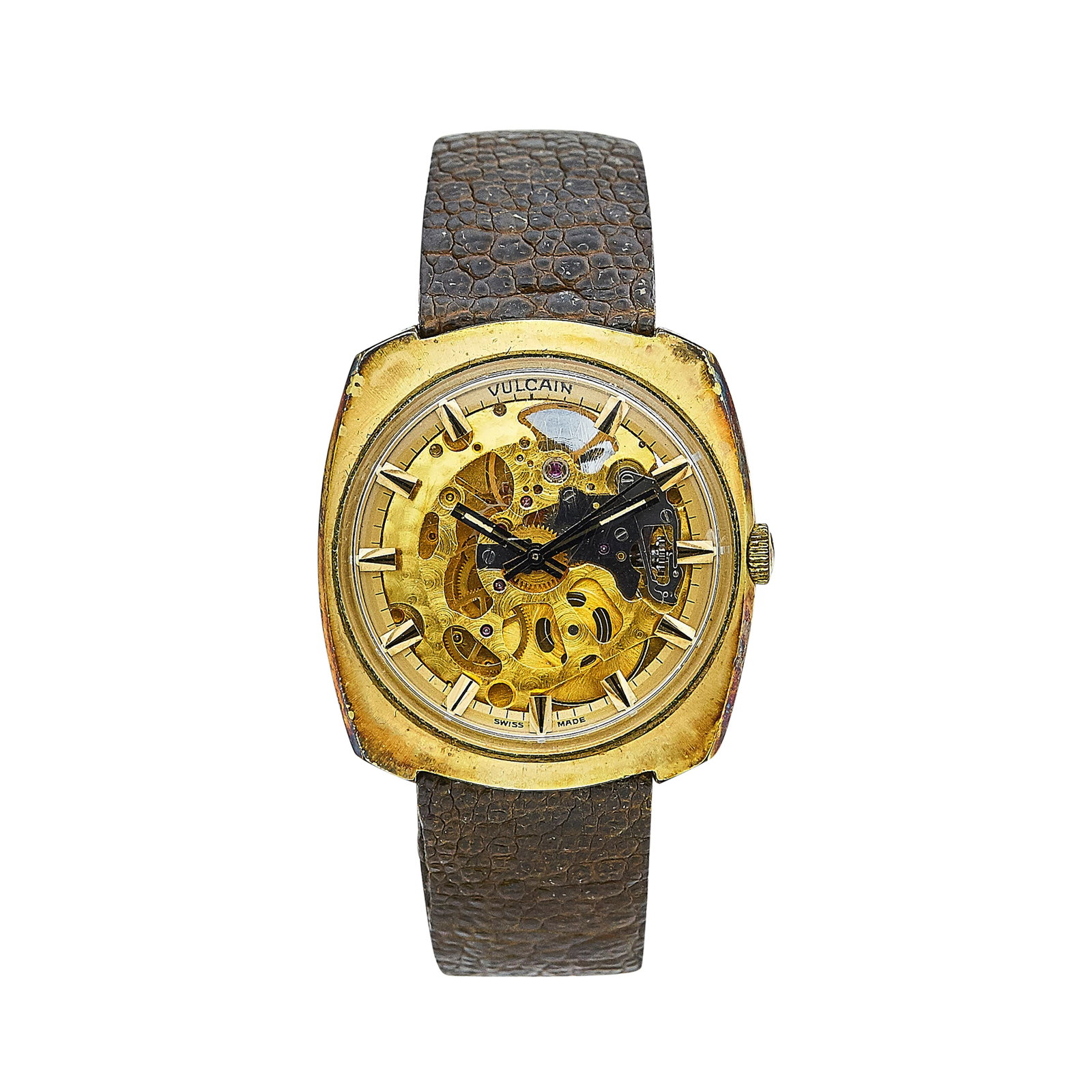 Vulcain Skeleton Gold Plated Watch, circa 1965: METAL: Gold Plated; CONDITION: Pre-owned, Fair; YEAR: Circa 1965; ITEM WEIGHT (GRAMS): 43.1 g