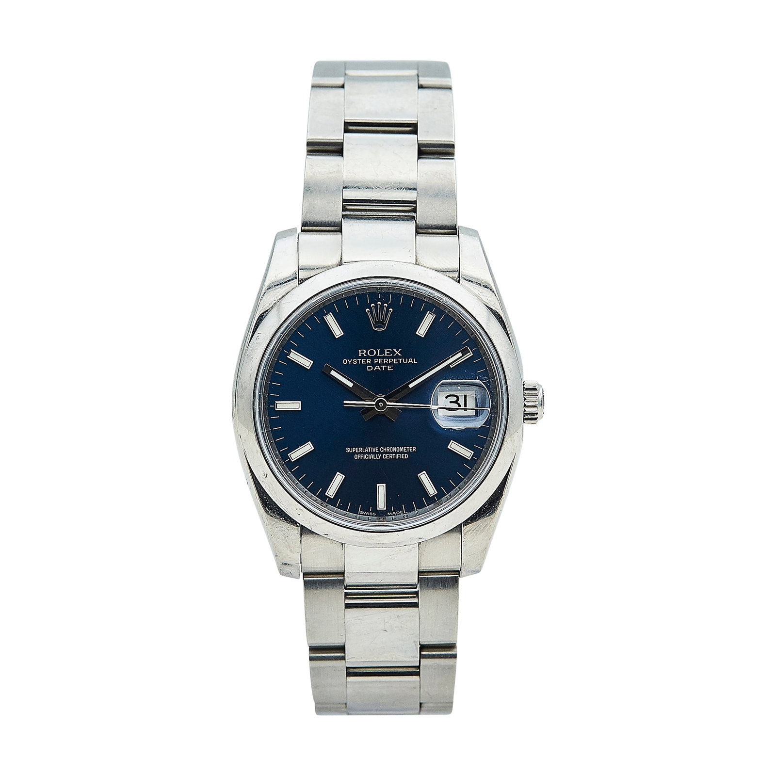 Rolex Datejust Stainless Steel Watch Ref. 115200, circa 2007: BRAND: Rolex; STYLE: Datejust; REF. #: 115200; CONDITION: Pre-owned, Good; YEAR: Circa 2007; ADDITIONAL COMMENTS: Z serial, Quickset, Scratches throughout watch, Chips on edge of crystal; CASE SIZE (m