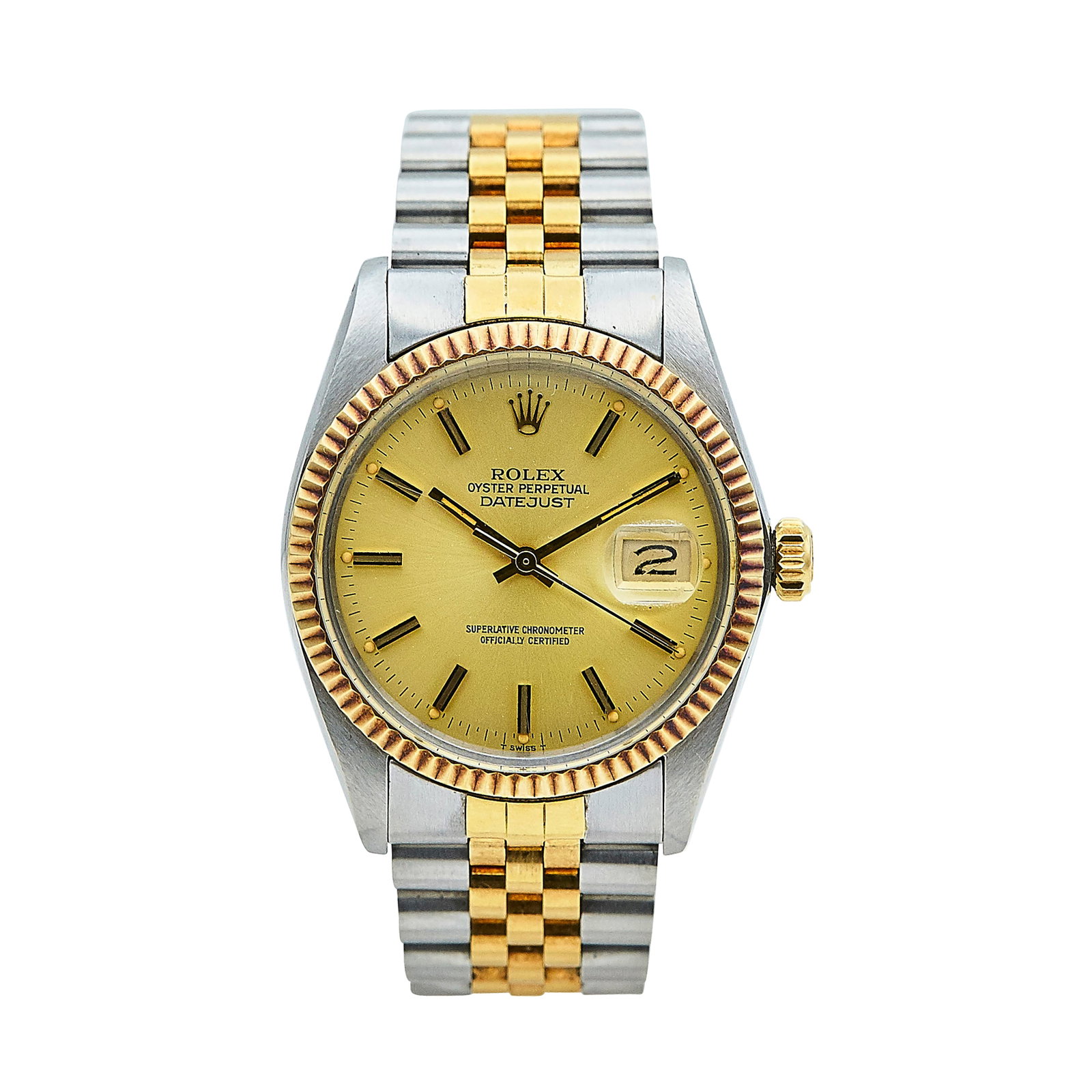 Rolex Datejust 36 18K Yellow Gold and Stainless Steel Watch Ref. 16013, circa 1983: BRAND: Rolex; STYLE: Datejust; REF. #: 16013; CONDITION: Pre-owned, Very Good; YEAR: Circa 1983; ADDITIONAL COMMENTS: 7 mil serial, Scratches throughout watch, Scratches on face of acrylic crystal, Re