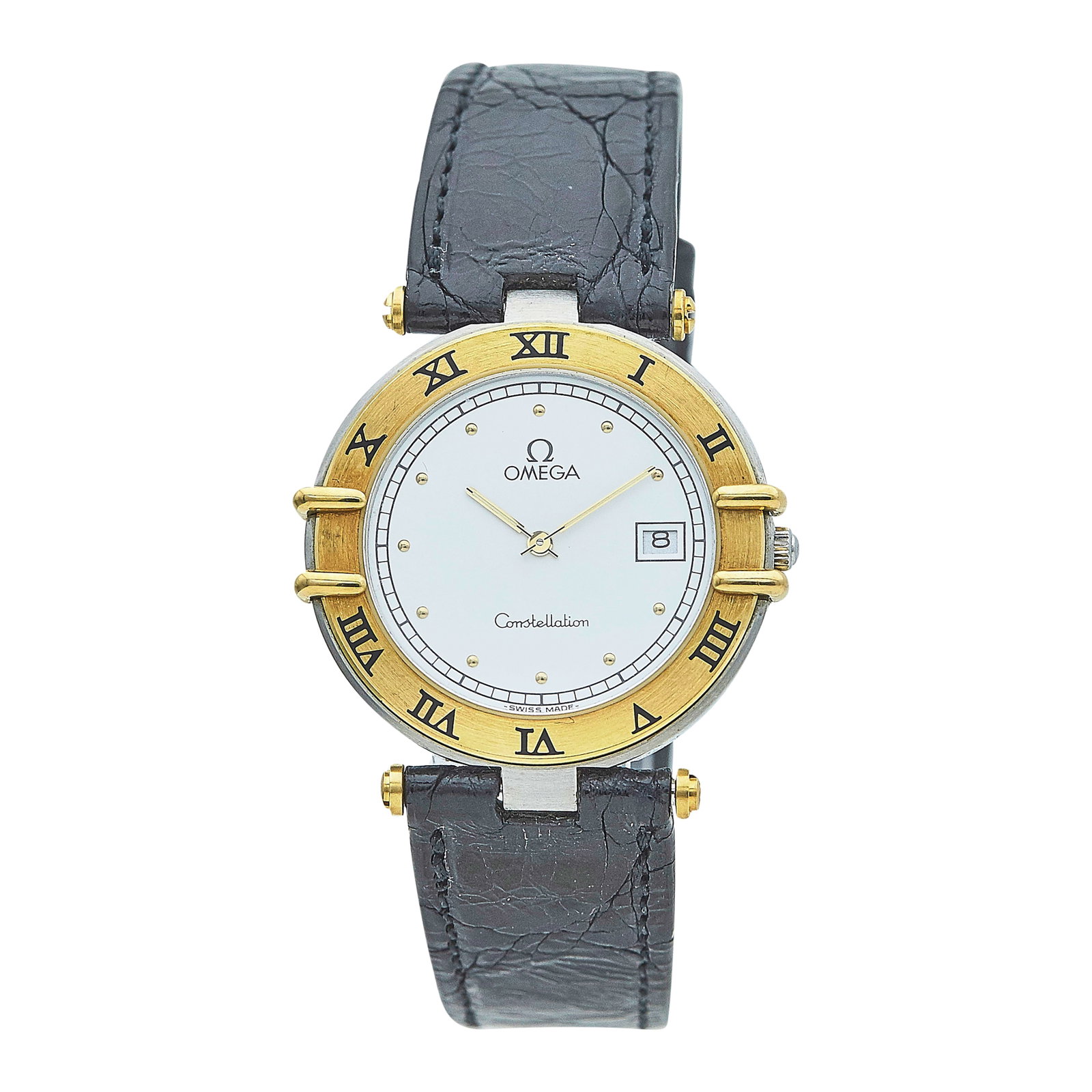Omega Constellation 18K Yellow Gold and Stainless Steel Watch Ref. 196.0360, circa 1980: BRAND: Omega; STYLE: Constellation; REF. #: 196.0360; CONDITION: Pre-owned, Good; YEAR: Circa 1980; ADDITIONAL COMMENTS: Scratches throughout watch, Watch not running-Service Required; CASE SIZE (mm):