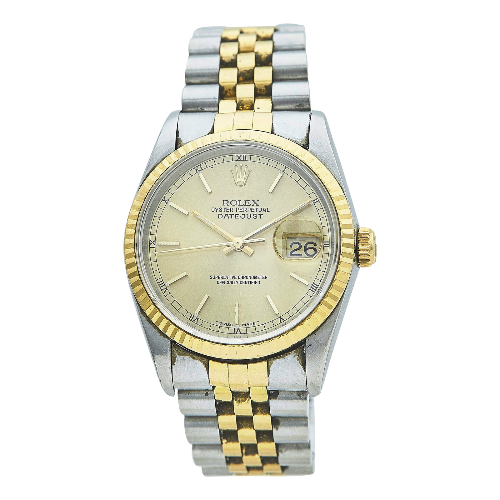 Rolex Datejust 36 18K Yellow Gold and Stainless Steel Watch Ref. 16233, circa 1995: BRAND: Rolex; STYLE: Datejust; REF. #: 16233; CONDITION: Pre-owned, Good; YEAR: Circa 1995; ADDITIONAL COMMENTS: W serial, Scratches throughout watch, Chips around edges of sapphire crystal, Bracelet 