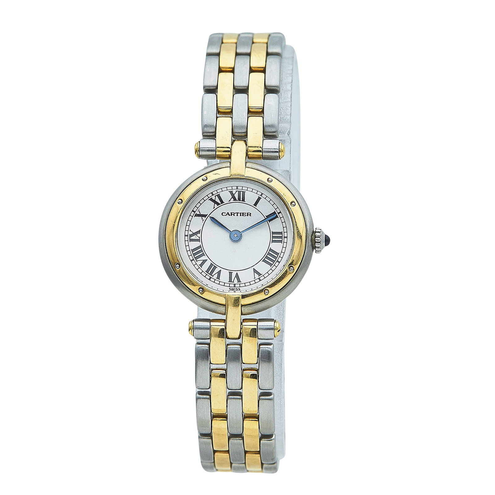 Cartier Panthere Vendome 18K Yellow Gold and Stainless Steel Watch Ref. 166920, circa 1996: BRAND: Cartier; STYLE: Panthere Vendome; REF. #: 166920; CONDITION: Pre-owned, Excellent; YEAR: Circa 1996; ADDITIONAL COMMENTS: Scratches throughout watch, Marks under crystal on dial; CASE SIZE (mm)