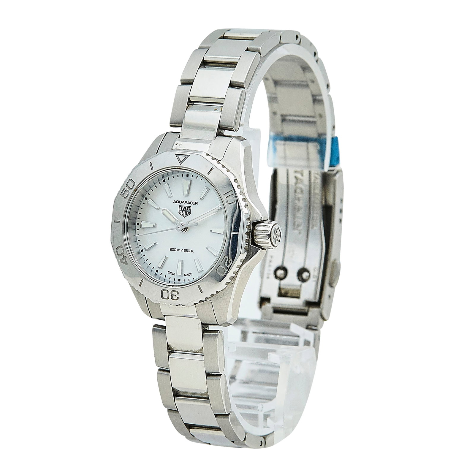Tag Heuer Aqua Racer Lady Stainless Steel Watch Ref. WBP1418, circa 2025: BRAND: Tag Heuer; STYLE: Aqua Racer; REF. #: WBP1418; CONDITION: Pre-owned, Very Good; YEAR: Circa 2025; ADDITIONAL COMMENTS: Light scratches throughout watch, Stickers on clasp; CASE SIZE (mm): 30; C