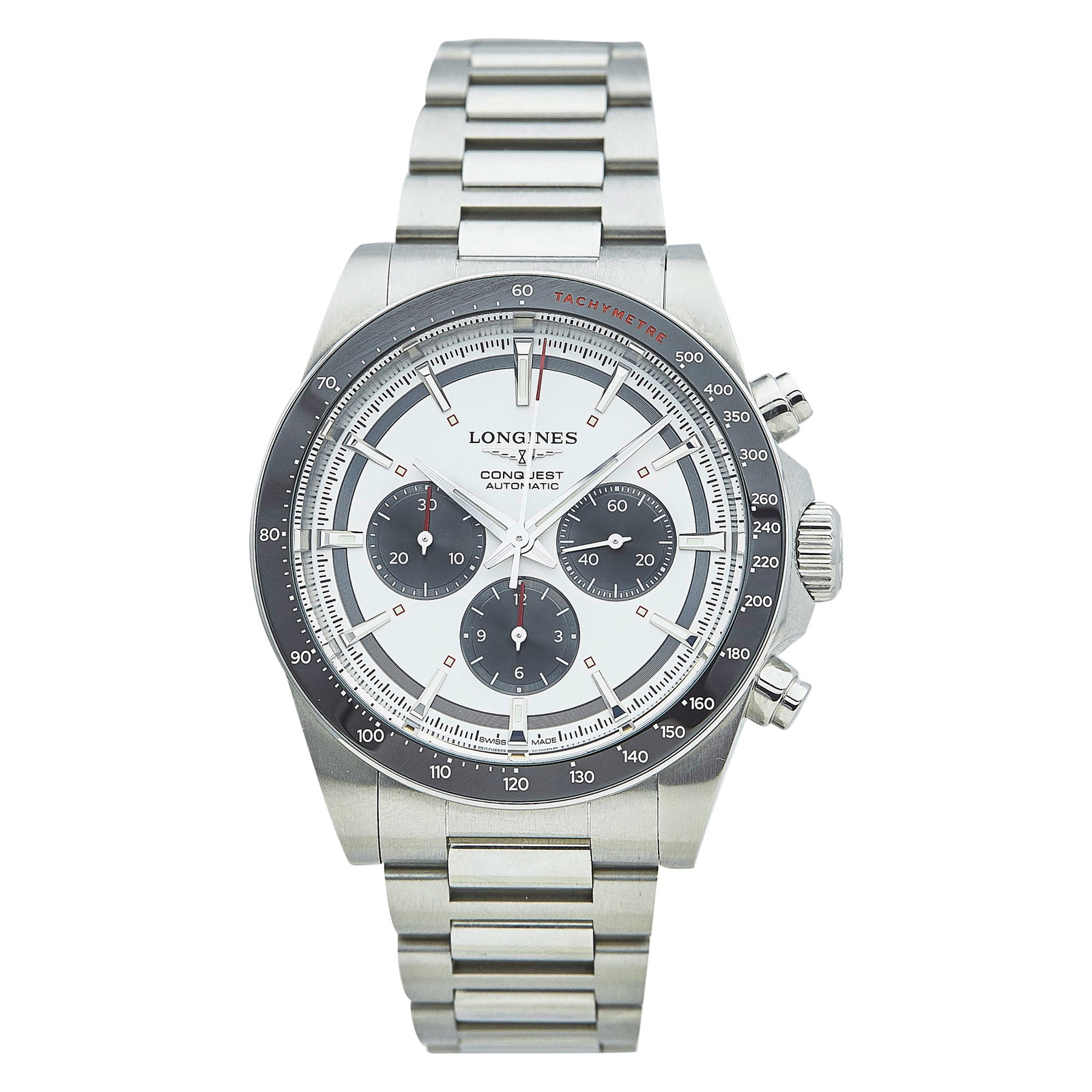 Longines Conquest Stainless Steel Watch Ref. L38354726, 2025: BRAND: Longines; STYLE: Conquest; REF. #: L38354726; CONDITION: Pre-owned, Very Good; YEAR: 2025; ADDITIONAL COMMENTS: Hairlines on watch, Accompanied by instruction manual and warranty card; CASE SIZ