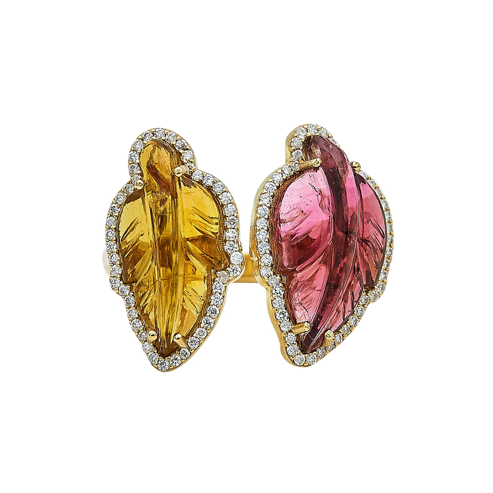 18K Yellow Gold, Carved Tourmaline, and Diamond Cross-Over Leaf Ring (1 of 3)