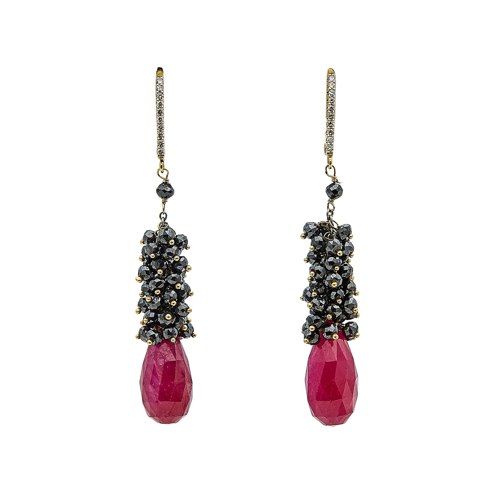 18K Yellow Gold, Ruby, Onyx, and Diamond Drop Earrings: METAL: 18K Yellow Gold; APPROXIMATE TOTAL DIAMOND WEIGHT: 0.05 ctw; GEMSTONES: Ruby and Onyx, Chips on Ruby briolettes; STAMPED: 750; CONDITION: Pre-owned, Good; ITEM WEIGHT (GRAMS): 6.3 g; MEASUREMEN