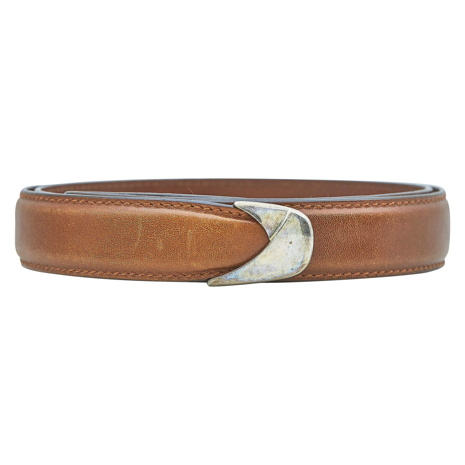 Michael Bondanza Sterling Silver Chape and Leather Belt: BRAND: Bondanza; METAL: Sterling Silver; GEMSTONES: Leather; STAMPED: Belt marked: Michael Bondanza for Ebel, Made in Italy, 28; Chape marked: 925, ©, Maker's mark; CONDITION: Pre-owned, Good; ITEM W