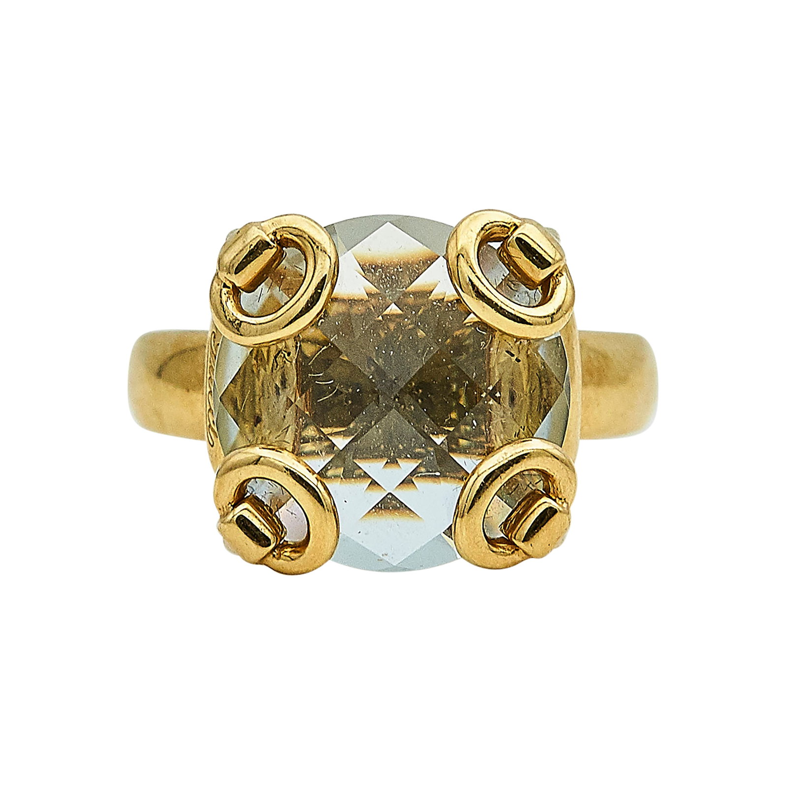 Gucci 18K Yellow Gold and Blue Topaz Horsebit Ring: BRAND: Gucci; METAL: 18K Yellow Gold; GEMSTONES: Blue Topaz; STAMPED: Gucci, made in italy, 15, AU750, Italian workshop mark; CONDITION: Pre-owned, Very Good; ITEM WEIGHT (GRAMS): 8.9 g; MEASUREMENTS: