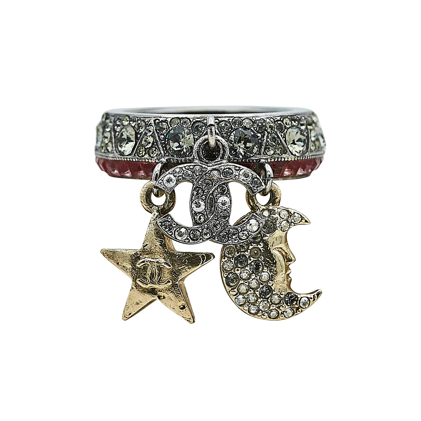 Chanel Base Metal and Rhinestone Charm Ring: BRAND: Chanel; METAL: Base Metal; GEMSTONES: Rhinestones; STAMPED: Chanel, 17 B, Made in France; CONDITION: Pre-owned, Good; ITEM WEIGHT (GRAMS): 11.3 g; MEASUREMENTS: Ring size 6; ADDITIONAL COMMENTS