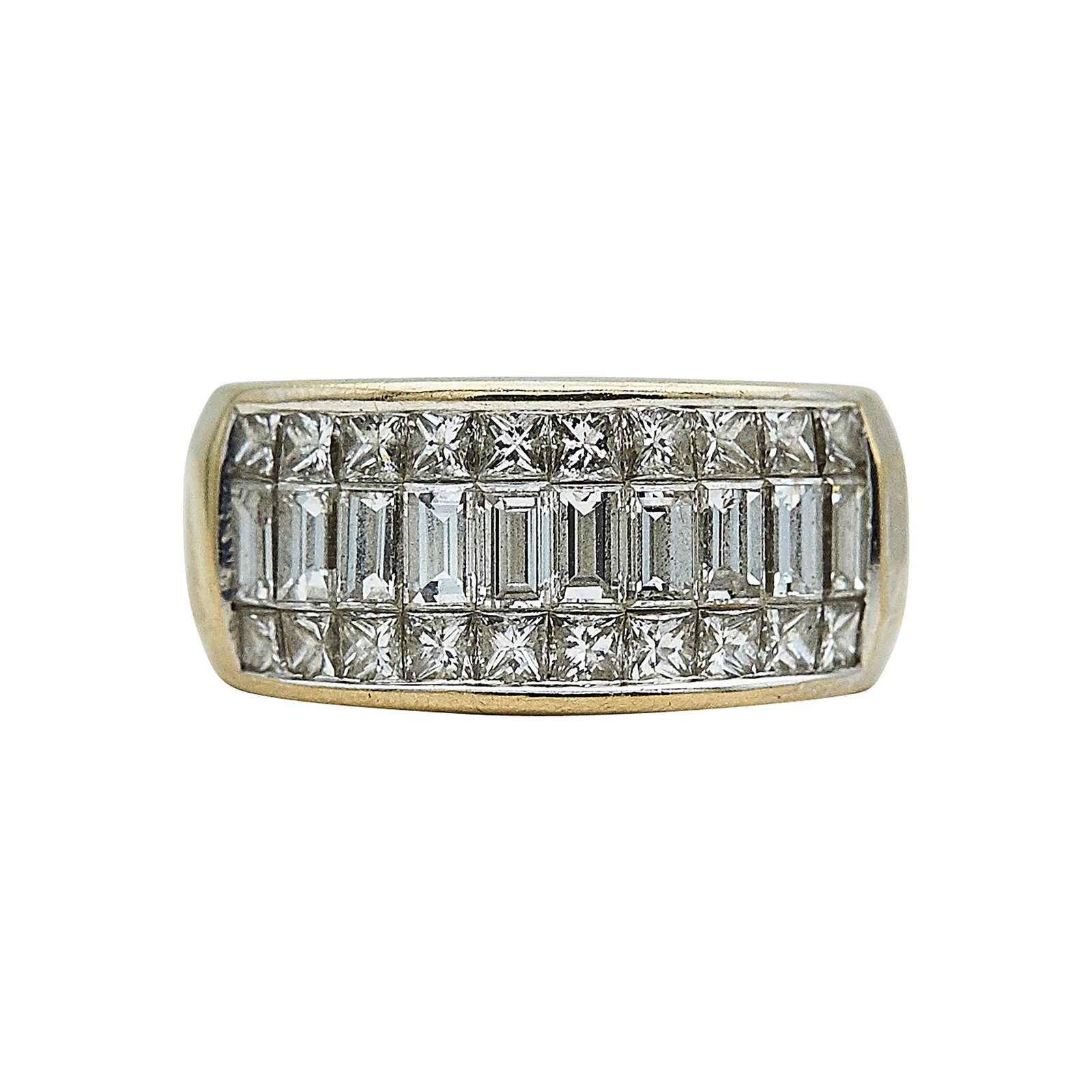 18K White Gold and Baguette and Princess Cut Diamond Band Ring: METAL: 18K White Gold; APPROXIMATE TOTAL DIAMOND WEIGHT: 1.90 ctw; STAMPED: 18K, maker's mark; CONDITION: Pre-owned, Good; ITEM WEIGHT (GRAMS): 12 g; MEASUREMENTS: Ring size 5 1/4