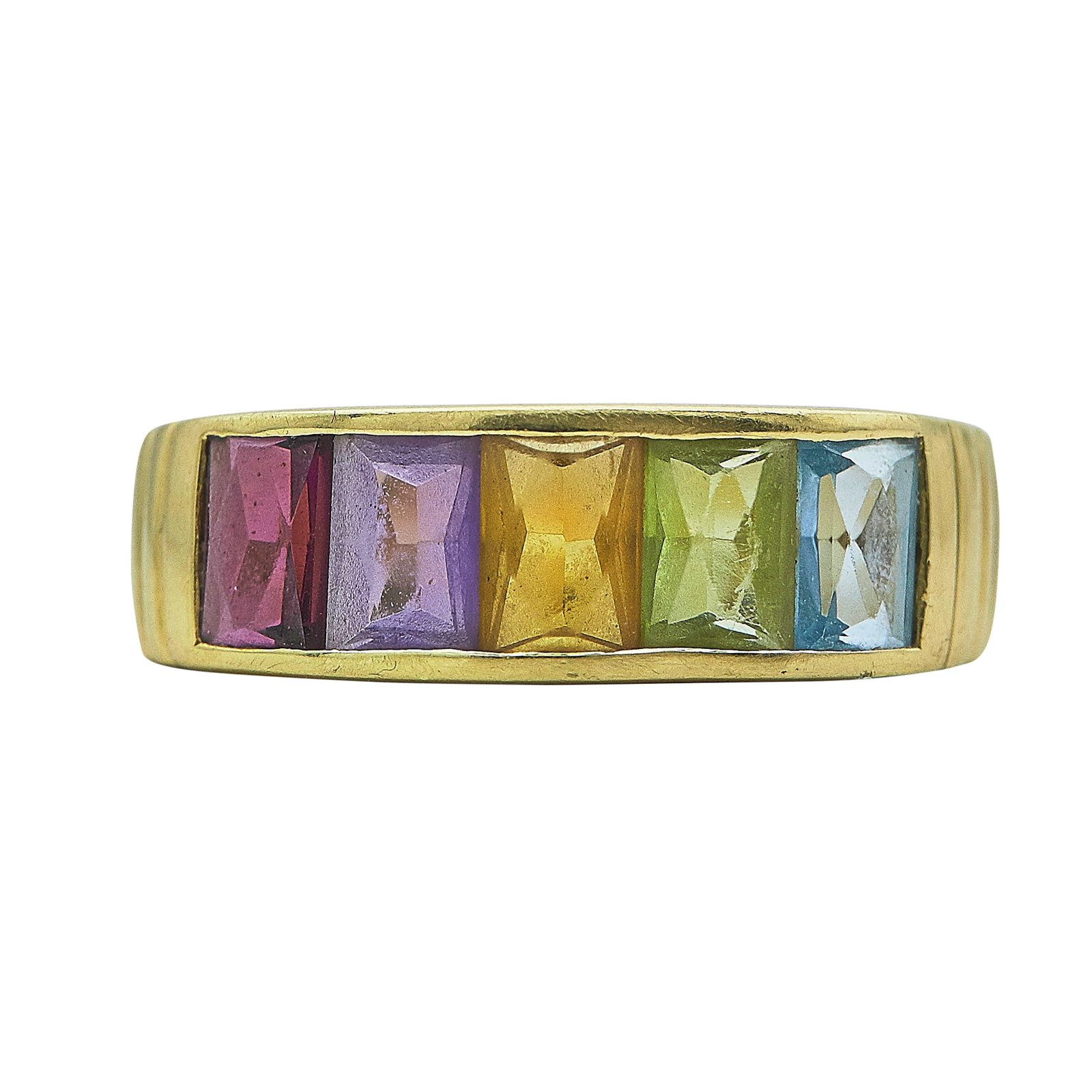 H. Stern 18K Yellow Gold, Garnet, Amethyst, Citrine, Peridot, and Topaz Rainbow Band Ring: BRAND: H. Stern; METAL: 18K Yellow Gold; GEMSTONES: Garnet, Amethyst, Citrine, Peridot, and Topaz; STAMPED: Maker's mark, 750; CONDITION: Pre-owned, Very Good; ITEM WEIGHT (GRAMS): 6.1 g; MEASUREMENTS