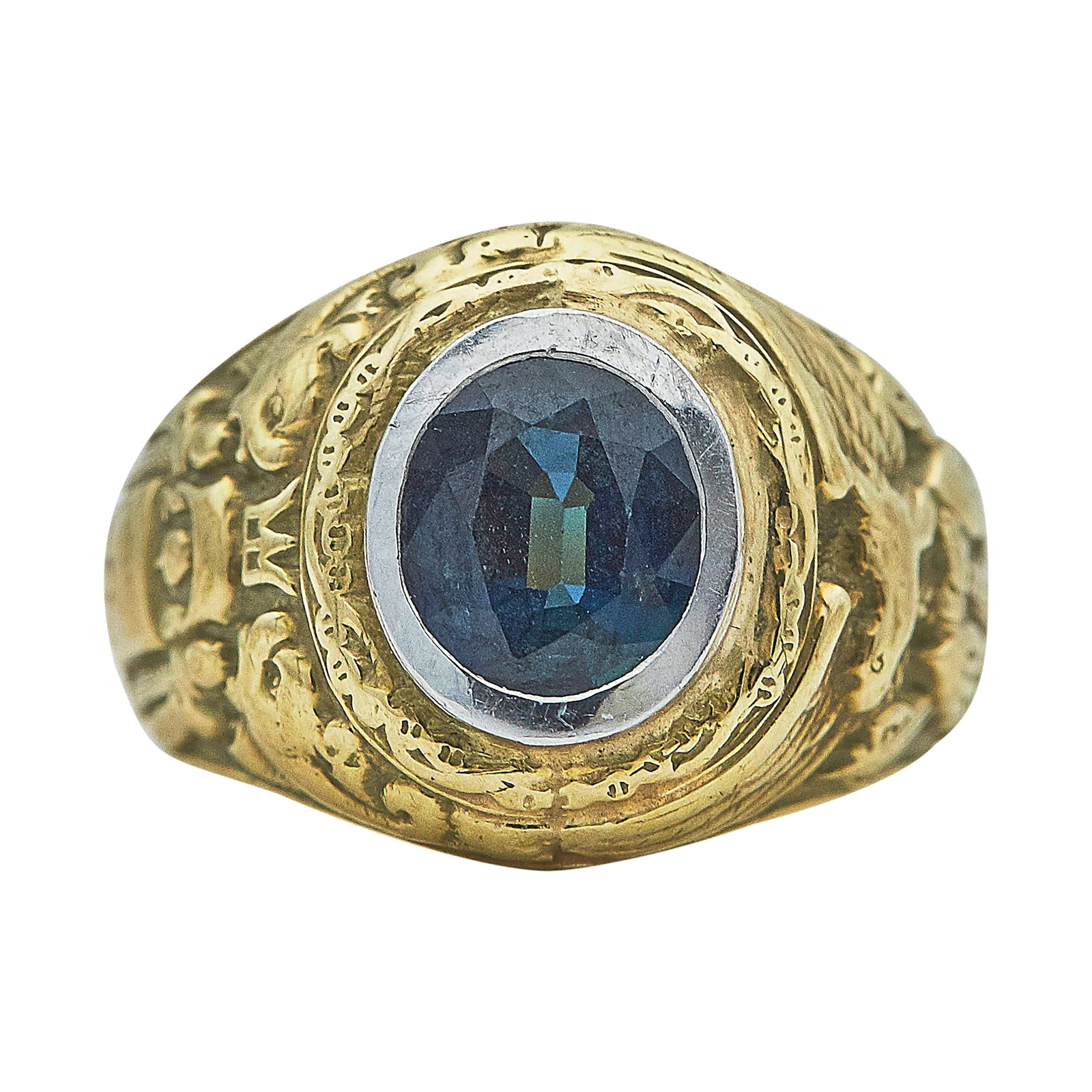 14K Yellow Gold, Platinum, and Sapphire Navy College Ring: METAL: 14K Yellow Gold/Platinum; GEMSTONES: Sapphire; TESTED: 14K Yellow Gold/Platinum; CONDITION: Pre-owned, Good; ITEM WEIGHT (GRAMS): 9.57 g; MEASUREMENTS: Ring size 2 3/4; ADDITIONAL COMMENTS: Wit