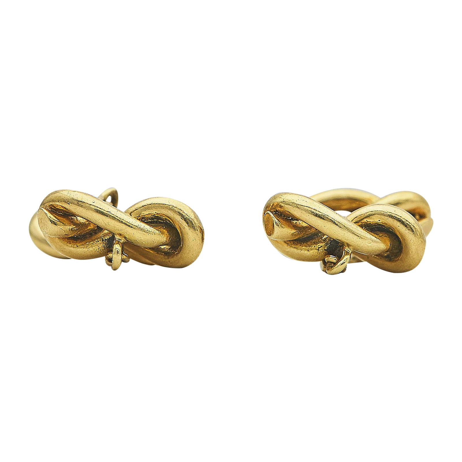 French 18K Yellow Gold Knot Cufflinks: METAL: 18K Yellow Gold; STAMPED: French marks; TESTED: 18K Yellow Gold; CONDITION: Pre-owned, Good; ITEM WEIGHT (GRAMS): 19.87 g; MEASUREMENTS: Cufflink heads 3/4 inch long x 5/8 inch wide