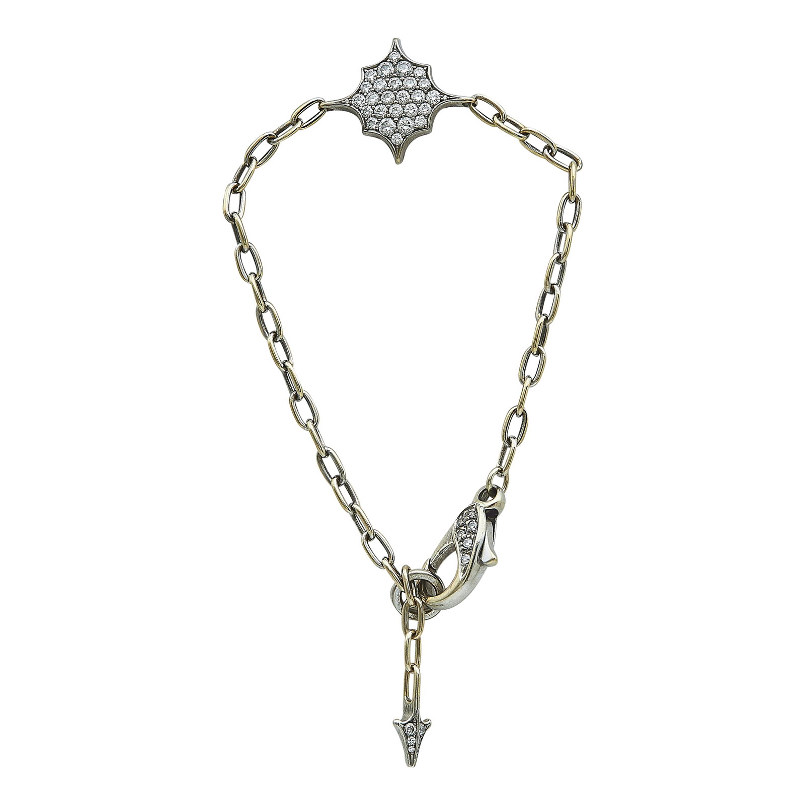 Kristen Farrell 18K White Gold and Diamond Charm Bracelet: METAL: 18K White Gold; APPROXIMATE TOTAL DIAMOND WEIGHT: 0.75 ctw; STAMPED: Kristen Farrell, 750; CONDITION: Pre-owned, Very Good; ITEM WEIGHT (GRAMS): 7.9 g; MEASUREMENTS: Bracelet 6 inches long x 5/