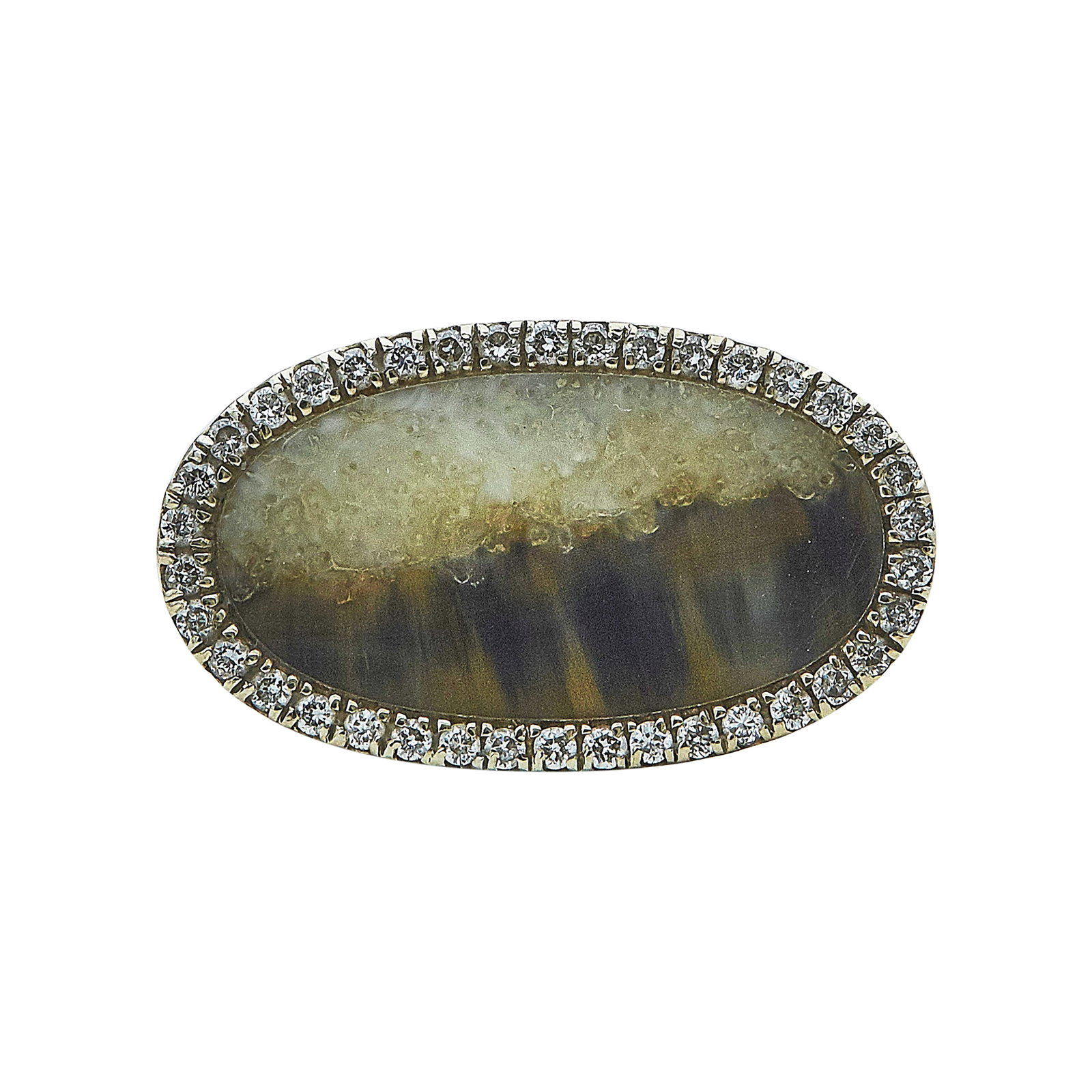 Monique Pean 18K White Gold, Agate, and Diamond Ring: BRAND: Monique Pean; METAL: 18K White Gold; APPROXIMATE TOTAL DIAMOND WEIGHT: 0.19 ctw; GEMSTONES: Agate approx. 16.75 mm x 9.00 mm; STAMPED: Monique Pean 18K; CONDITION: Pre-owned, Very Good; ITEM WE