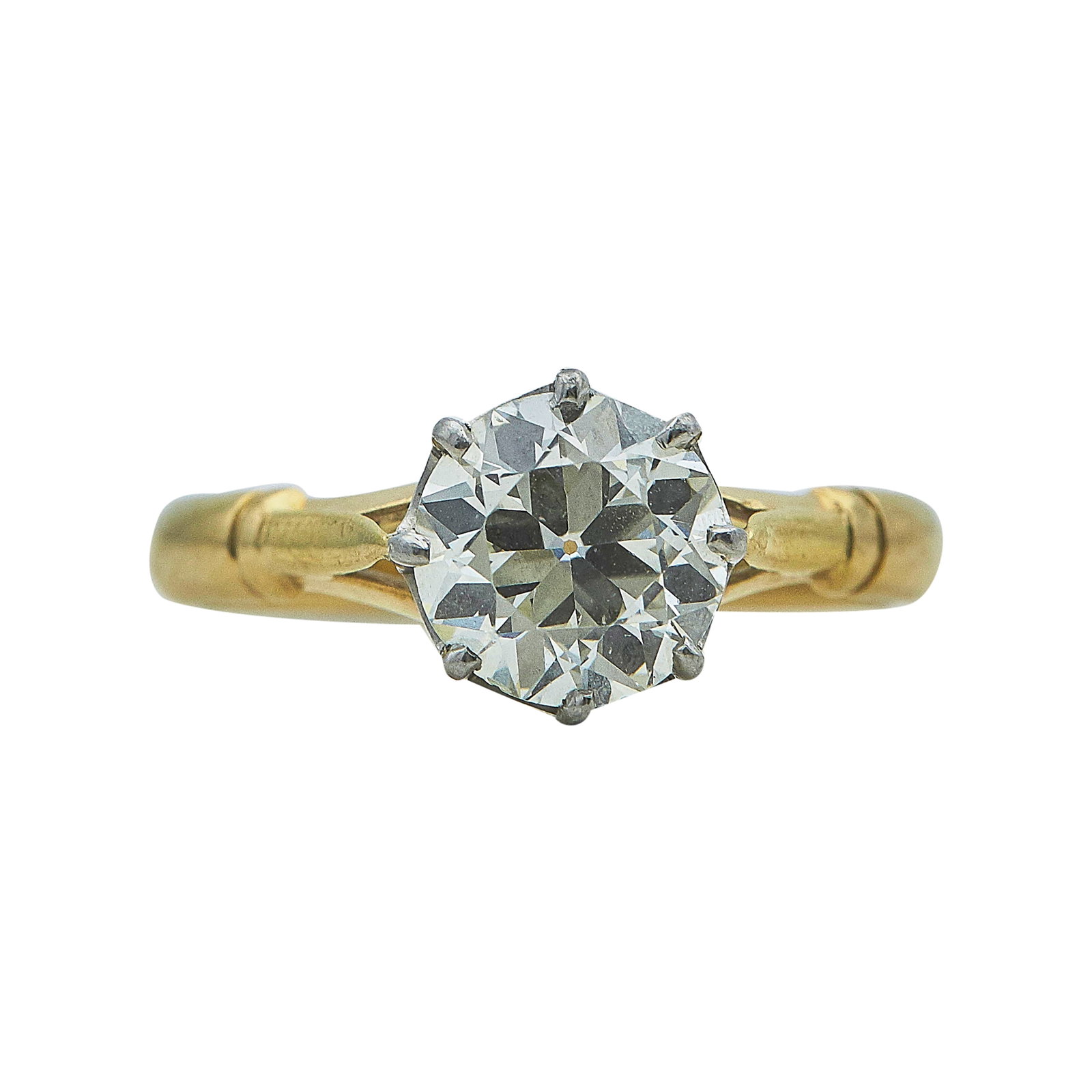 18K Yellow Gold, Platinum Pronged, and Old European Cut Diamond Solitaire Ring: METAL: 18K Yellow Gold/Platinum; SHAPE: OEB; APPROXIMATE TOTAL DIAMOND WEIGHT: 2 ctw; STAMPED: 18K; TESTED: 18K Yellow Gold/Platinum; CONDITION: Pre-owned, Very Good; ITEM WEIGHT (GRAMS): 3.8 g; MEASU