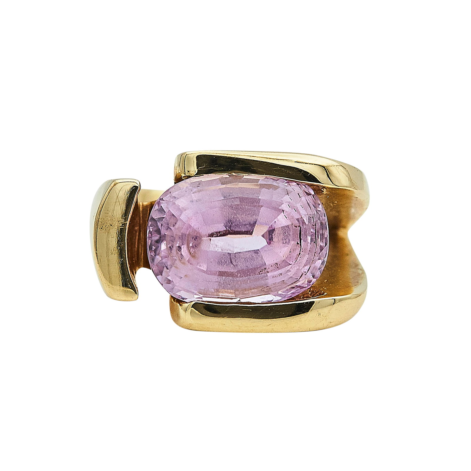 14K Yellow Gold and Oval Cut Kunzite Ring: METAL: 14K Yellow Gold; GEMSTONES: Kunzite approx. 11.41 carats, Weight estimated by formula; STAMPED: 14K; CONDITION: Pre-owned, Good; ITEM WEIGHT (GRAMS): 29.3 g; MEASUREMENTS: Ring size 7