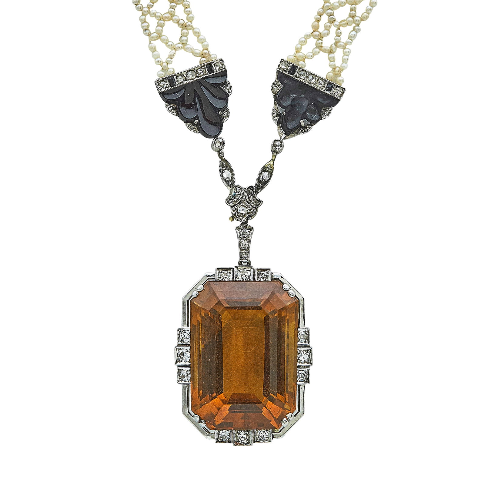 14K White Gold, Citrine, and Diamond Pendant/Brooch & Pearl Necklace: METAL: 14K White Gold; APPROXIMATE TOTAL DIAMOND WEIGHT: 0.48 ctw; GEMSTONES: Citrine approx. 25.00 mm x 17.90 mm; TESTED: 14K White Gold; CONDITION: Pre-owned, Fair; ITEM WEIGHT (GRAMS): 33 g; MEASUR